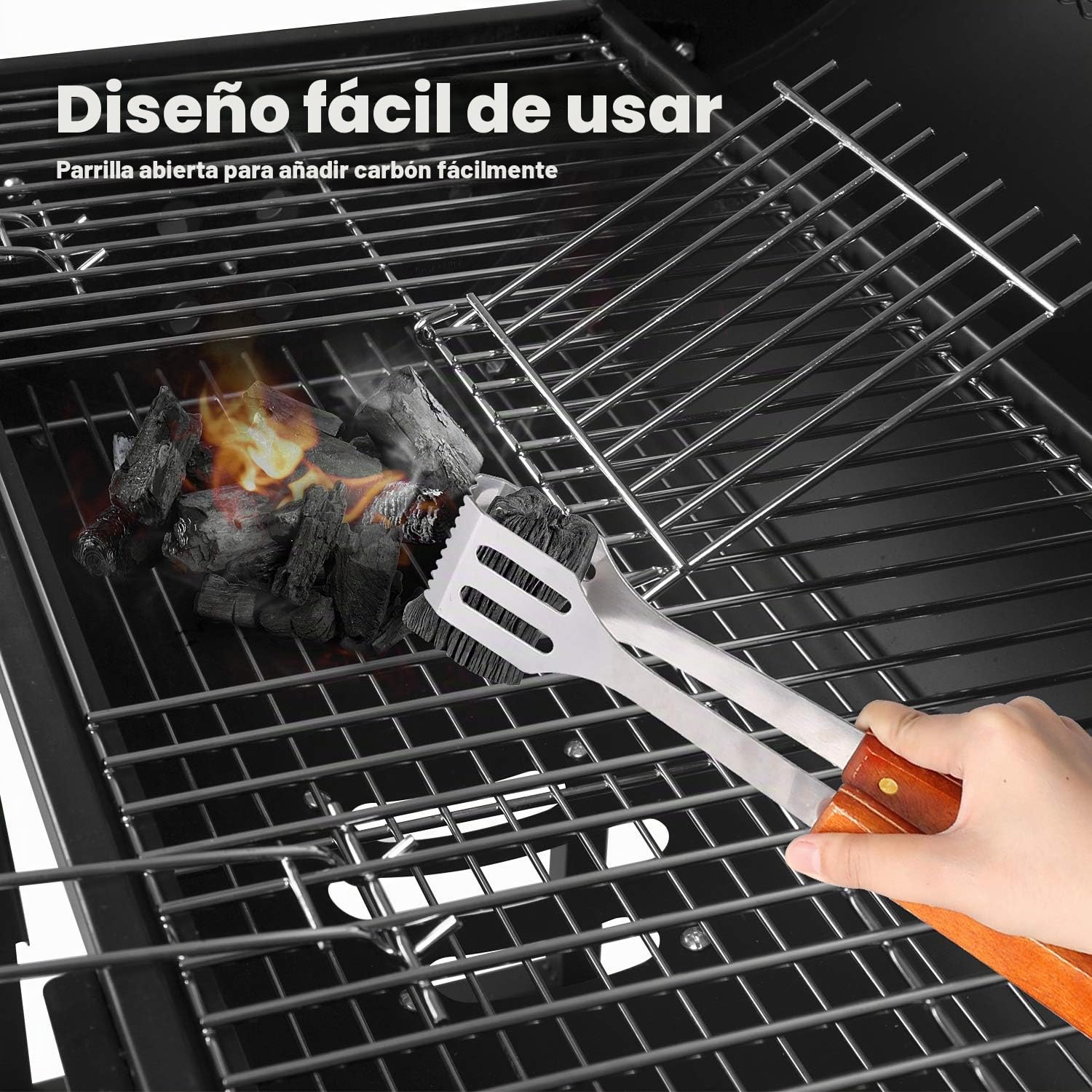 Barbacoas de Carbón Parrilla con Ruedas para Jardín Exterior BBQ con Soportes Facil Movimiento, con 2 Estantes de Madera Plegable para Almacenar Comidas, 101×70.5×94.5CM