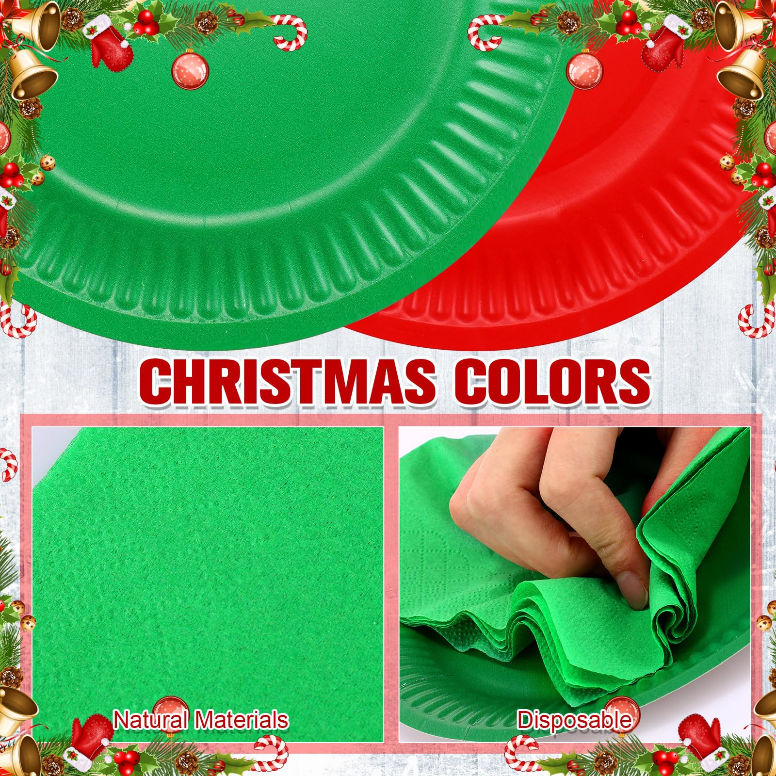 Layhit Juego de platos y servilletas de Navidad, color rojo y verde, suministros de fiesta de Navidad, platos desechables de postre y servilletas para fiesta (400 piezas)