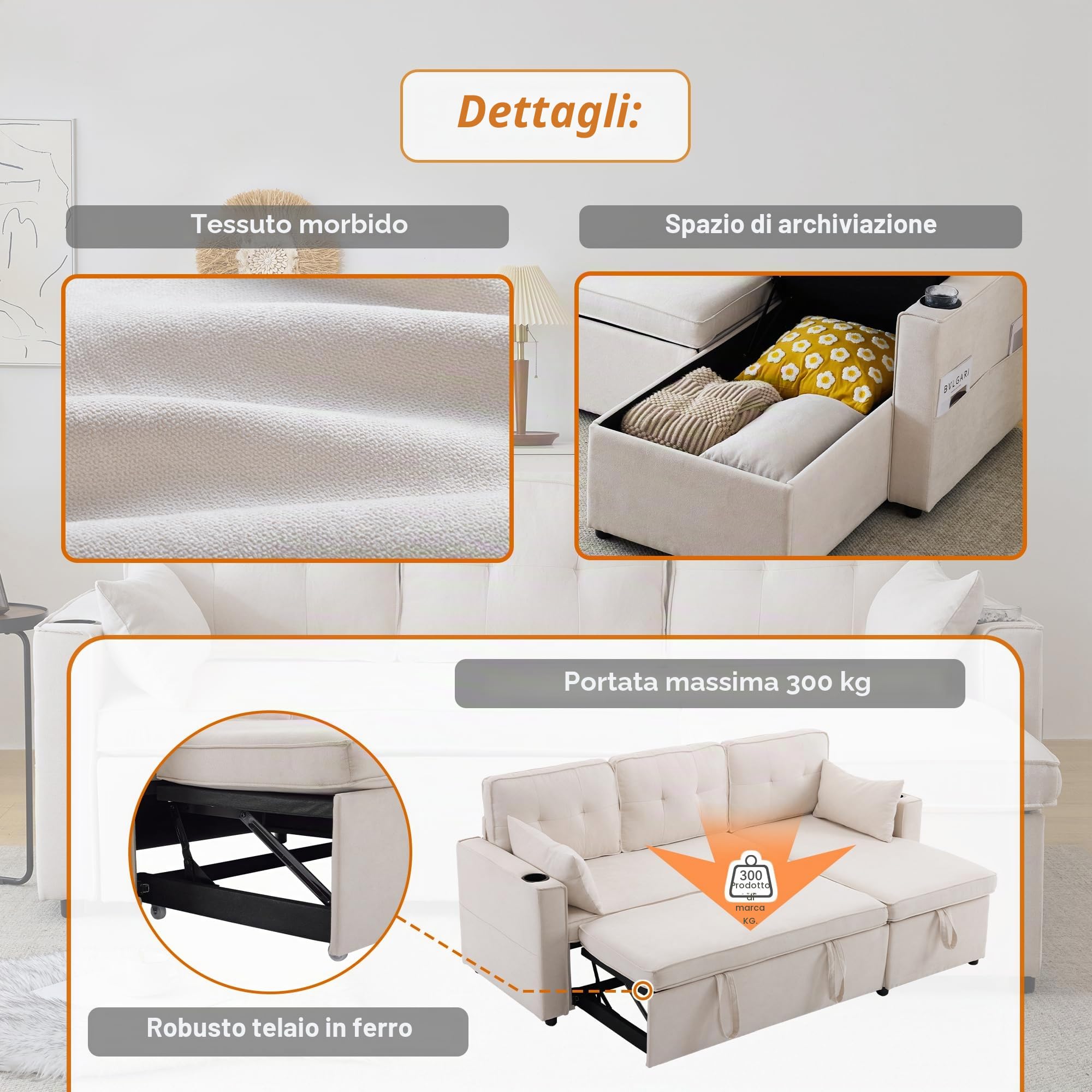 Soweiz Divano letto con funzione di sonno, divano a forma di L, design moderno, poltrona lounge con vano portaoggetti, con portabevande, divano letto, soggiorno e sinistra, intercambiabile (beige)