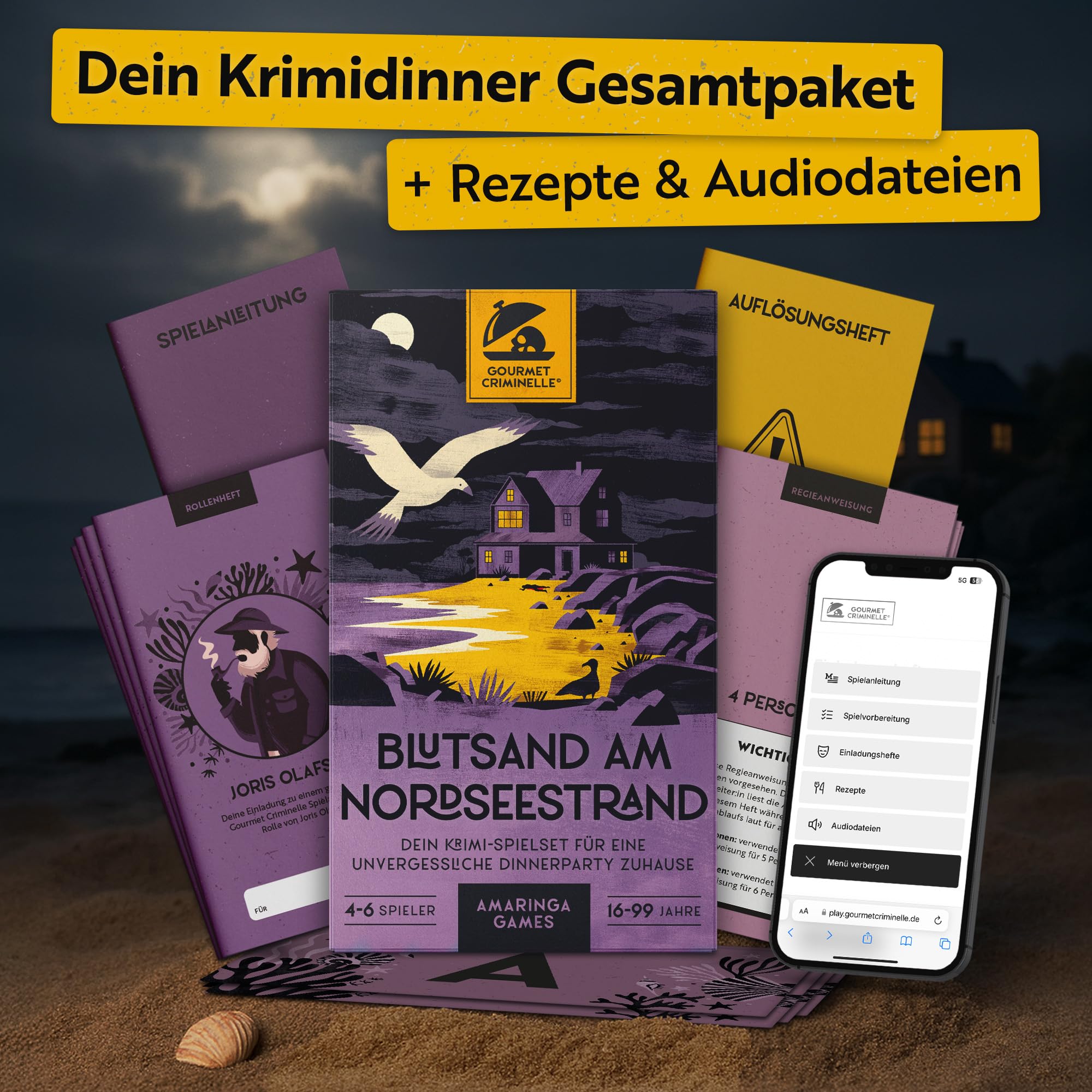 Gourmet Criminelle® Krimidinner für zuhause I 4-6 Personen I Mysteriöser Mordfall Blutsand am Nordseestrand für Deine Crime Dinner Party I Spannendes Krimi Dinner Spiel ab 16 Jahren I 4-6 Spieler