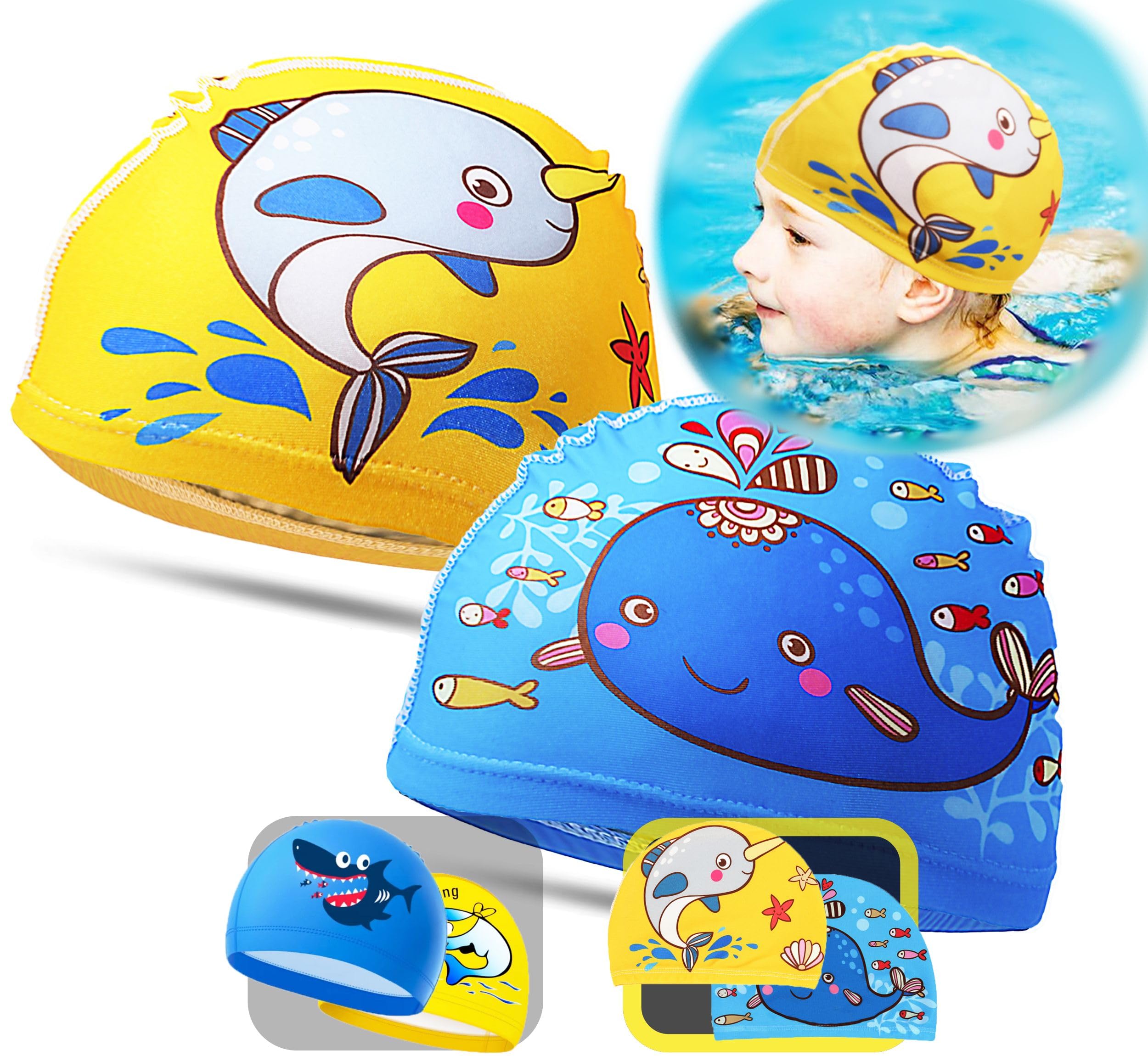 IKHAI® Gorros de Piscina para Niño - 2 Unidades - 1 a 10 Años - Natación Accesorios - Gorro Piscina Bebe - Fácil de Poner - Tela Elástica