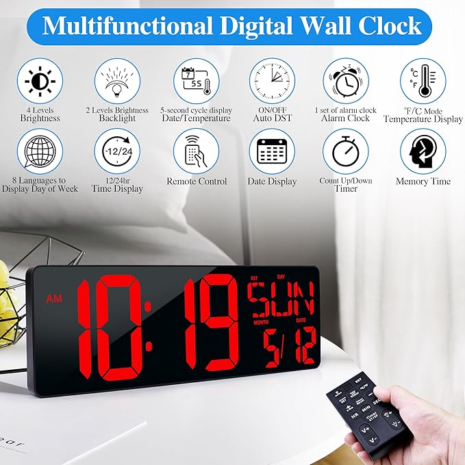 Reloj de pared digital grande LED 17.2" con control remoto miniatura 3