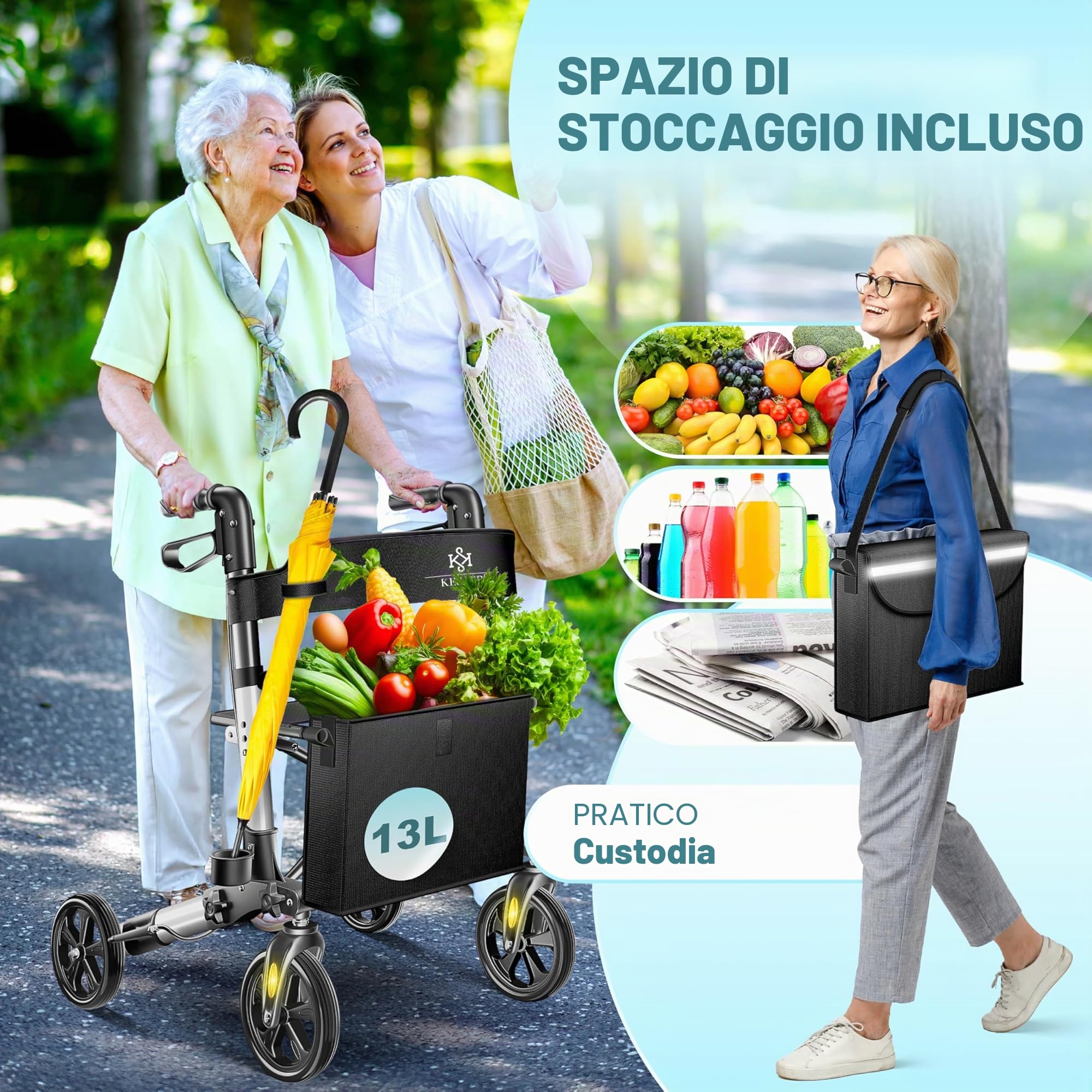 KESSER Leggero deambulatore pieghevole Girello ultraleggero con 4 ruote Premium in alluminio Rollator Set Peso massimo sopportato: 136 Kg