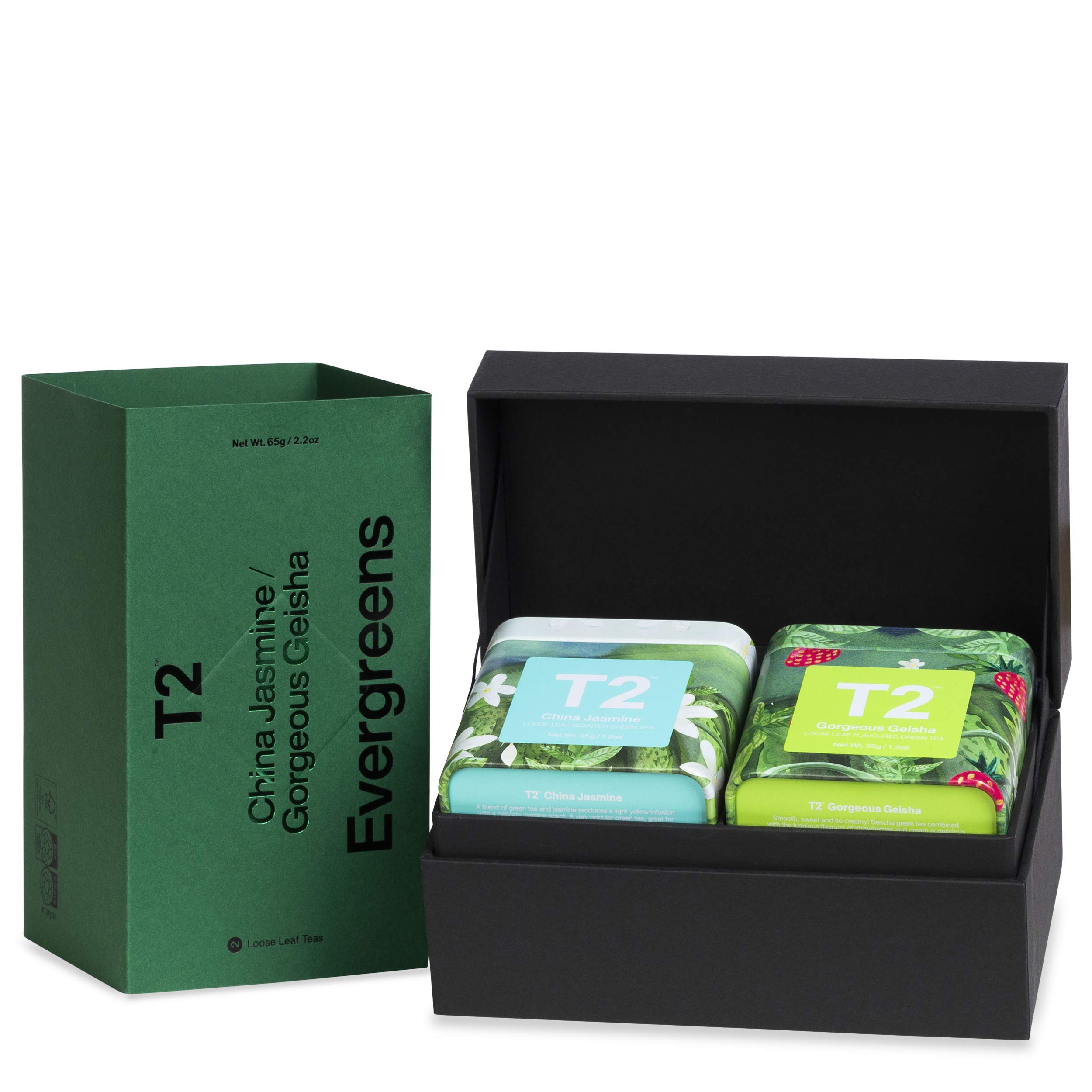 T2 Tea Evergreens Green Tea Gift Pack, 2 Loose Leaf Green Tea in Mini Limited Edition Tin, 65 g