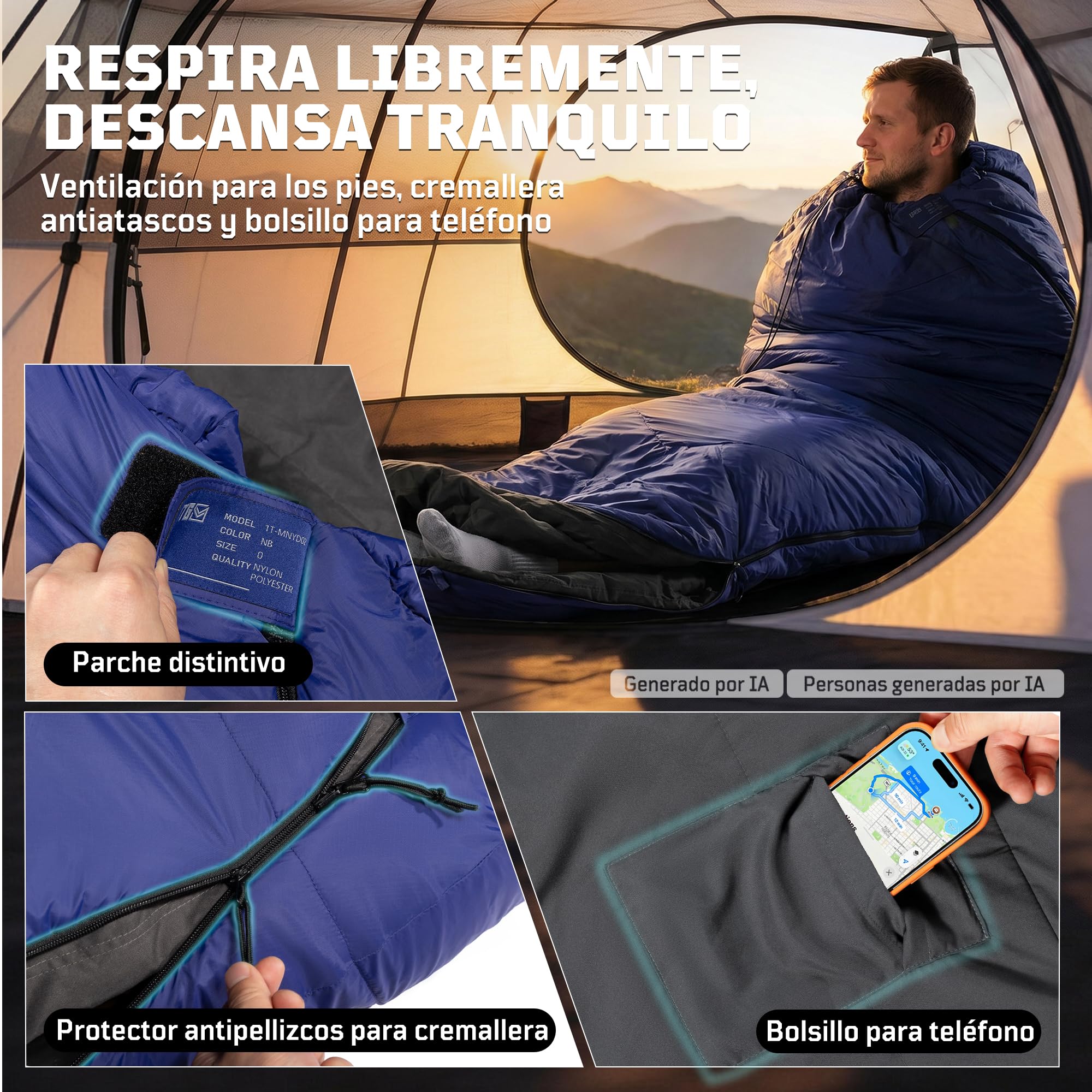 Saco de dormir para momias 2-3 temporadas (confort 6 °C), transpirable, para adultos de hasta 185 cm, compacto de nailon 40D Ripstop con saco de compresión para camping, senderismo y festivales