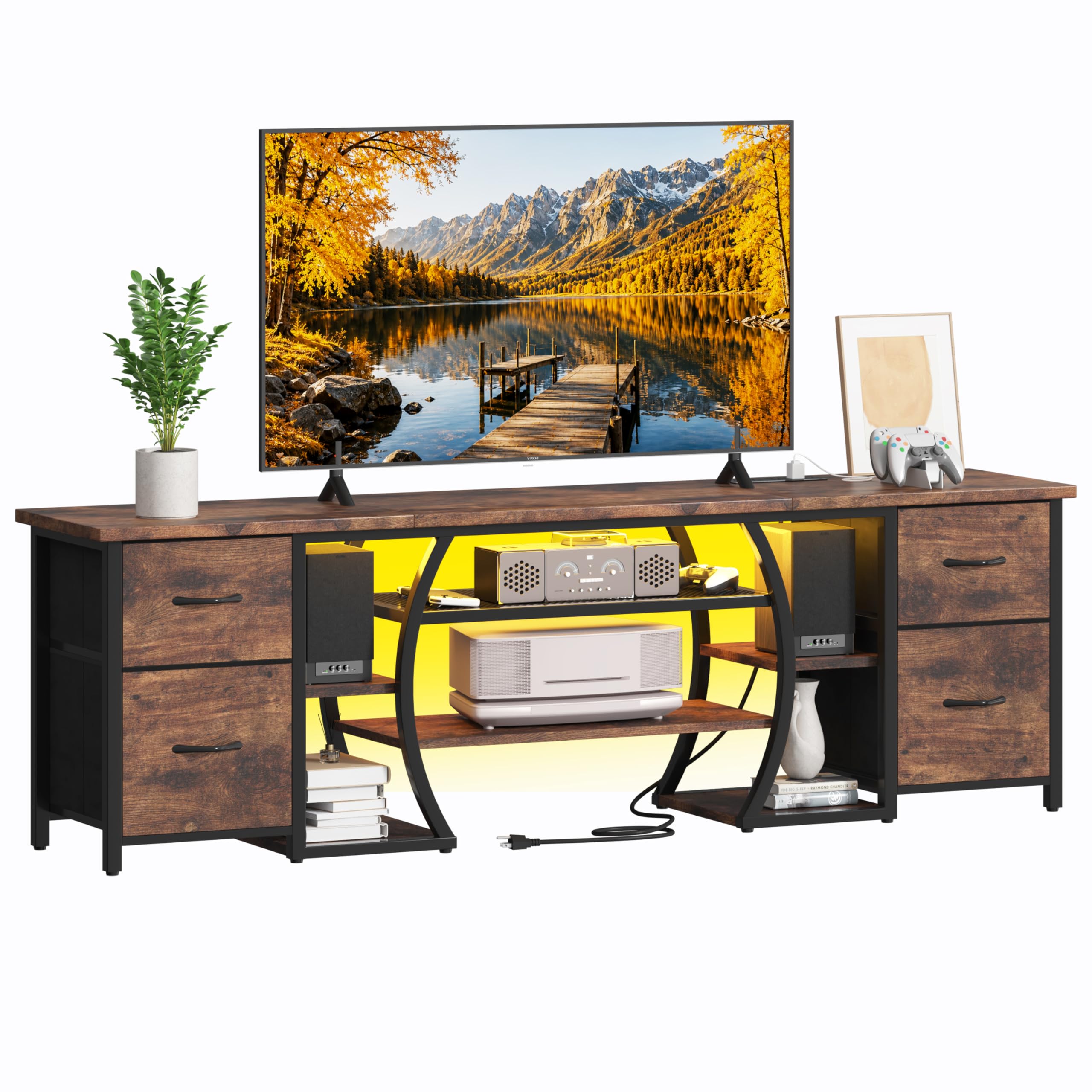LED TV Stand for 65, 70, 80 Inch TV,71 Inch Industrial Entertainment Center with Power Outlets,Media Console Table with Open Storage Shelves & Fabric Drawers for Living Room Bedroom,Rusti Brown