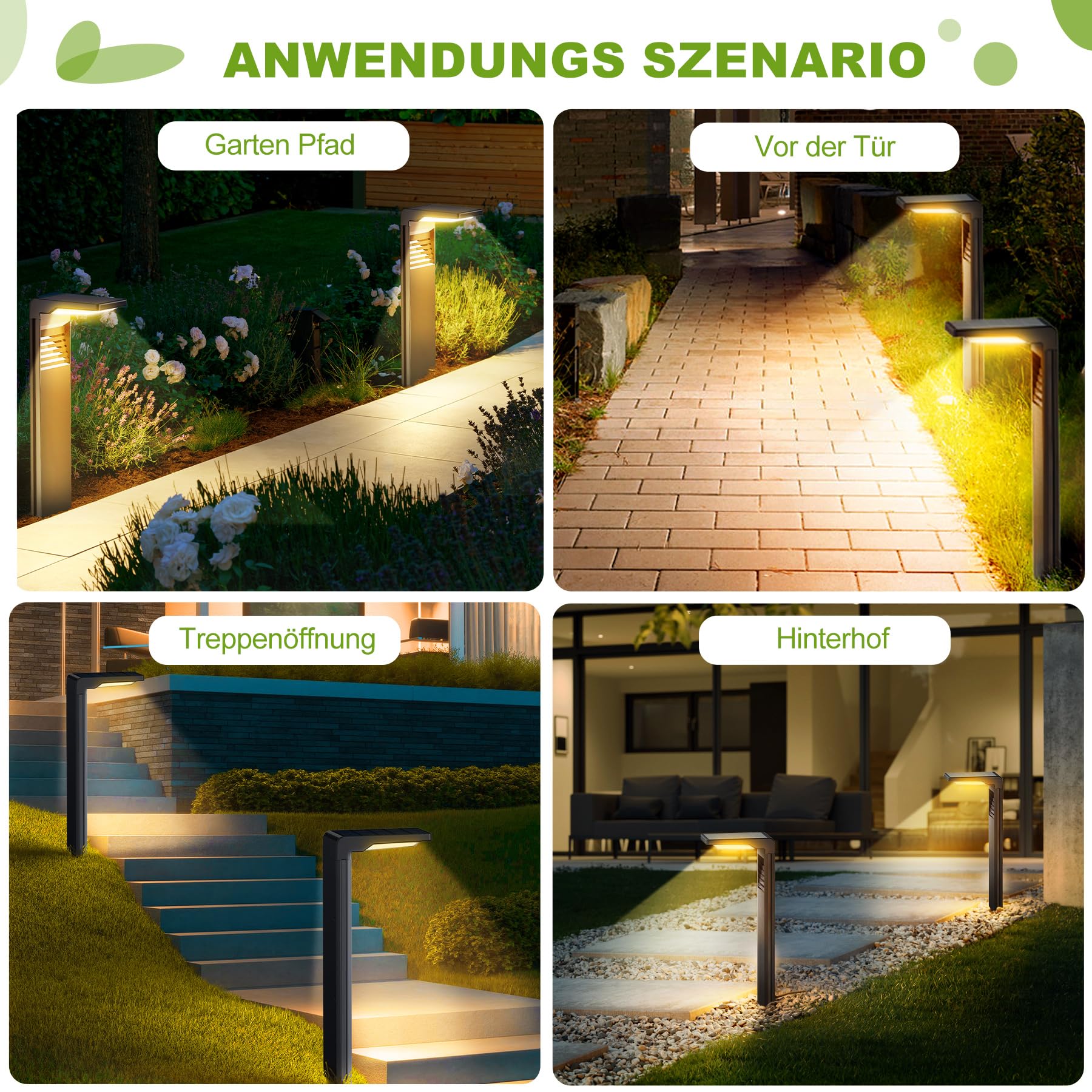 Lampade solari a LED per luci solari esterne con 2 modalità di luce, bianco caldo di percorso solare IP64 impermeabile per esterni, cortili, giardini, illuminazione del prato