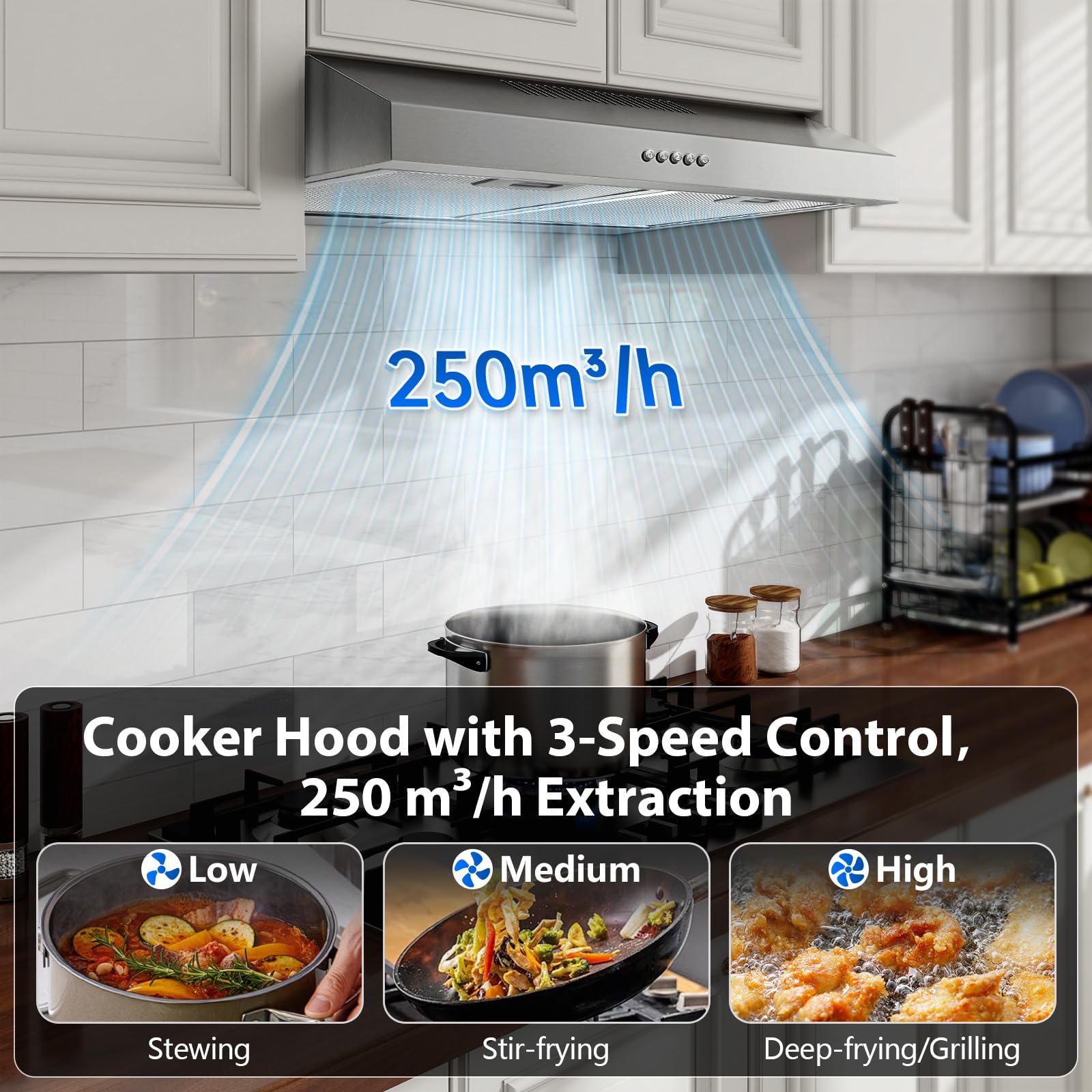 TopStrong Campana Extractora 60 cm Integrable, 250 m³/h Extractor de Cocina Slim, 3 Velocidades, Clase A+, LED, Acero Inoxidable 430, Recirculación y Extracción