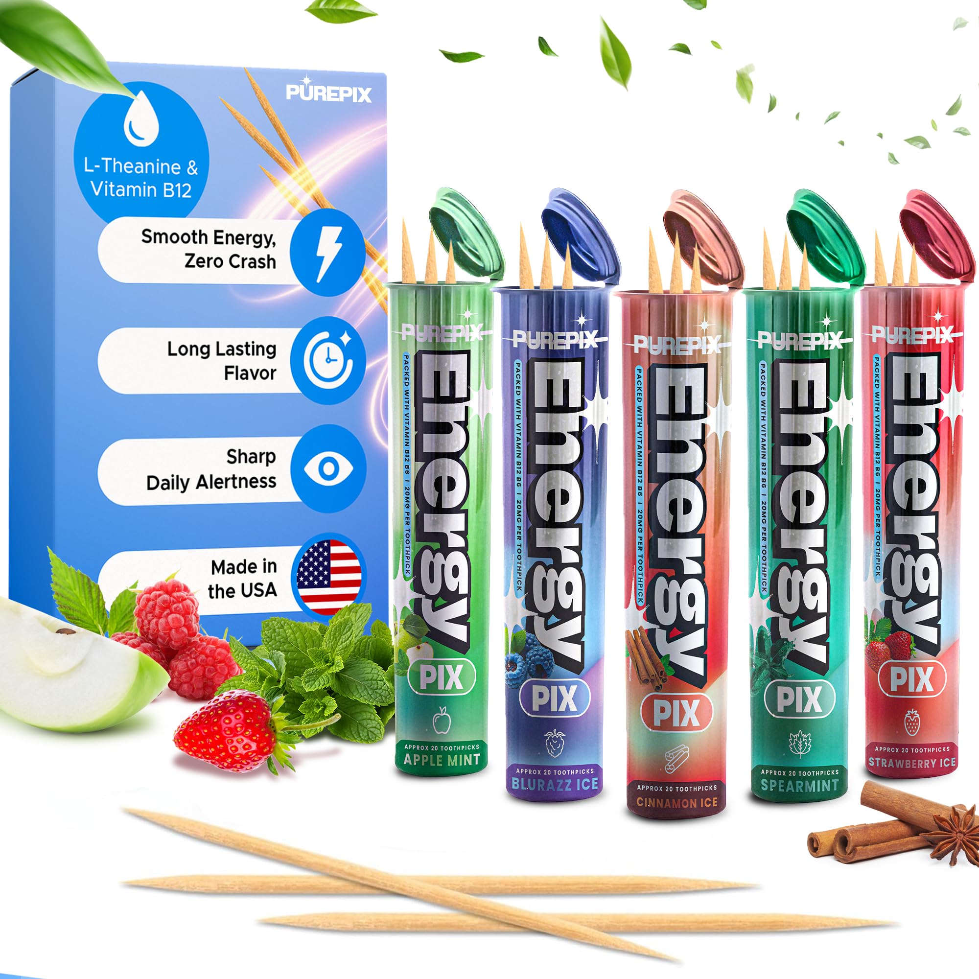 PurePix Energy Flavored Toothpicks with B12 & L-Theanine in 5 Bold Flavors (Apple Mint, Blurazz Ice, Cinnamon Ice, Spearmint, Strawberry Ice), 20mg