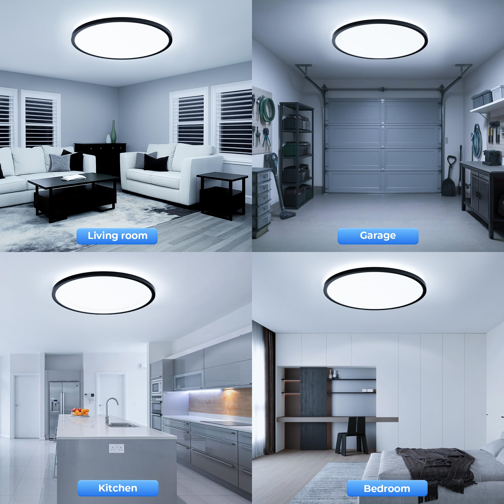 OTREN Plafonnier LED 52W, 5200LM Moderne Rond Luminaire Intérieur, IP44 Etanche Lumière de Salle de Bain, Ultra Mince Noir Lampe de Plafon pour Salon Chambre Cuisine Bureau, Blanc Froid 6500K, Ø50cm