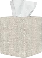 FancySwen Cute Beige Linen Tissue Box Cover - Farmhouse Square Holder for Bathroom Vanity, Office Desk, Nightstand