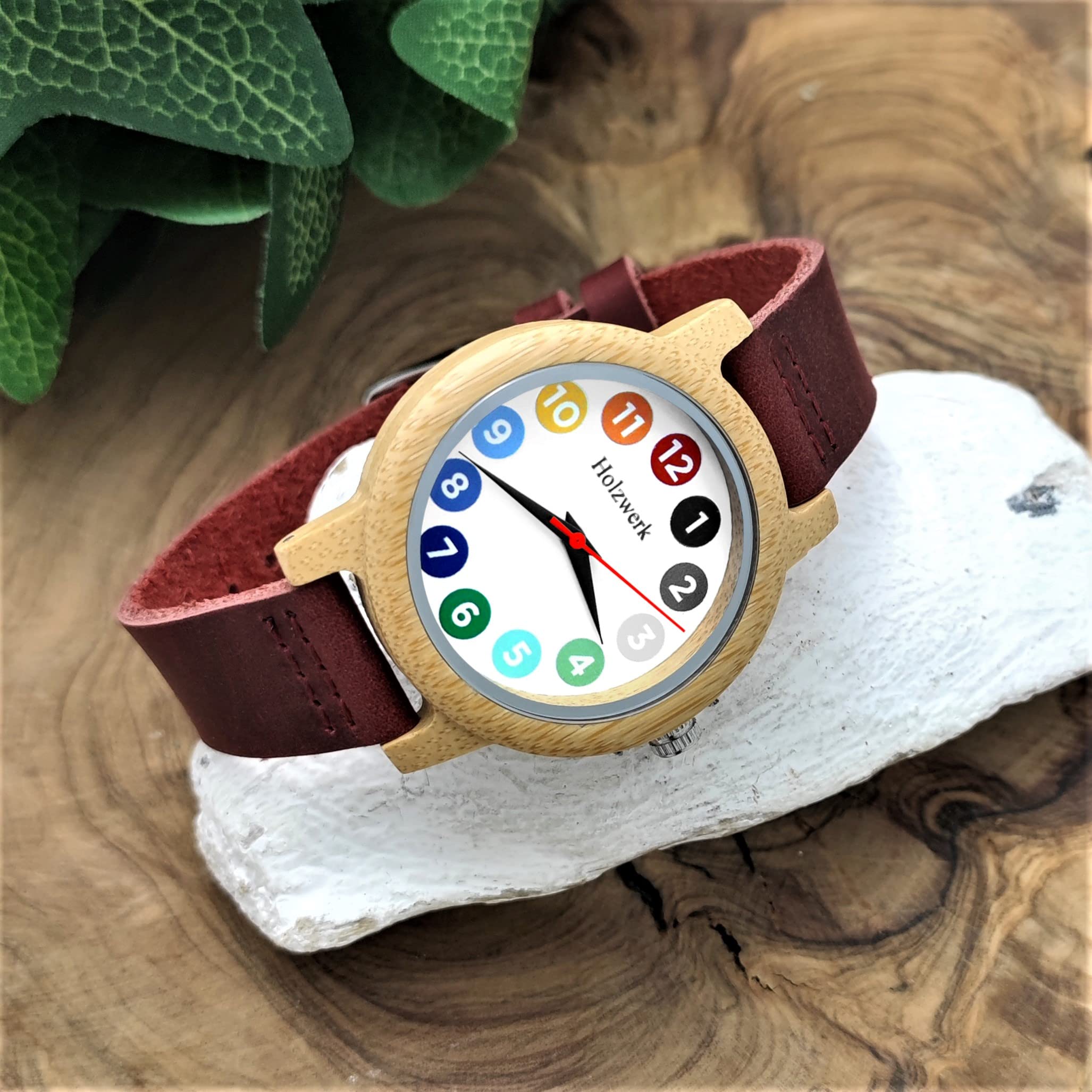 Holzwerk Germany® Mädchen-Uhr Kinder-Uhr Jungen-Uhr Öko Natur Holz-Uhr Lern-Uhr Leder Armband-Uhr Analog Klassisch Quarz-Uhr in Rot Braun Weiß Bunt