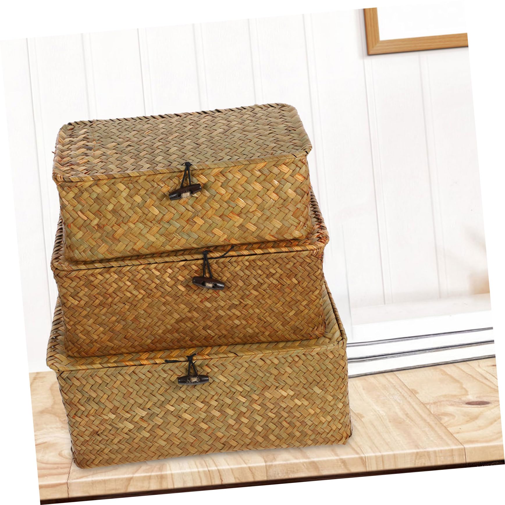VICASKY Set da 3 Scatole Portaoggetti Intrecciate in Paglia con Coperchio per Organizzare Casa, Stile Naturale Rustico con Funzione di Archiviazione e Fragranza Naturale