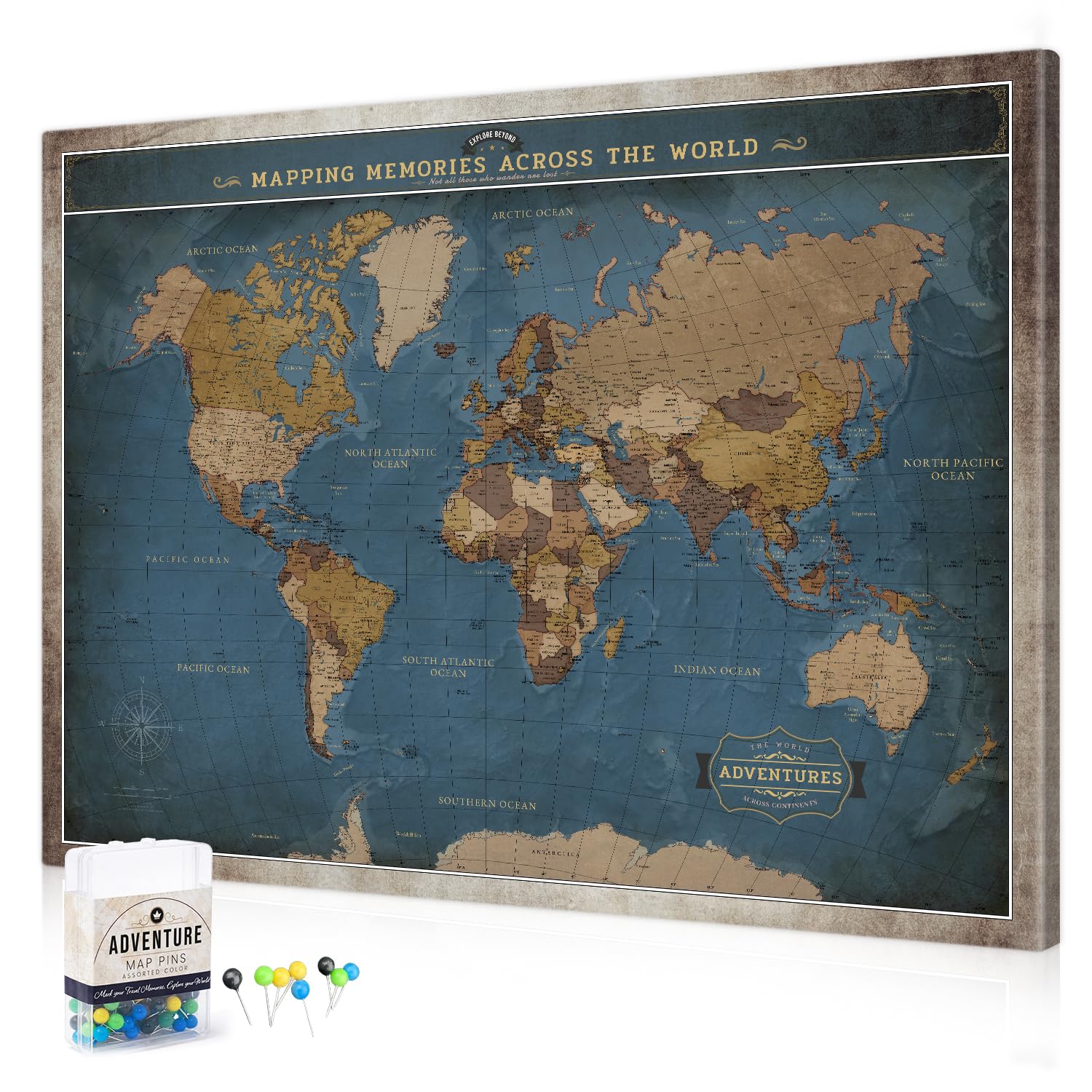 DECORARTS World Map Pin Board,Deep Blue World Travel Map with Pins,40x30''