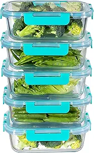 MFY 5-Pack 36 OZ Glass Storage Containers with Lids, Glass Meal Prep Containers Set, Airtight Lunch Containers with Lids, Microwave, Oven, Freezer and Dishwasher Safe, Green