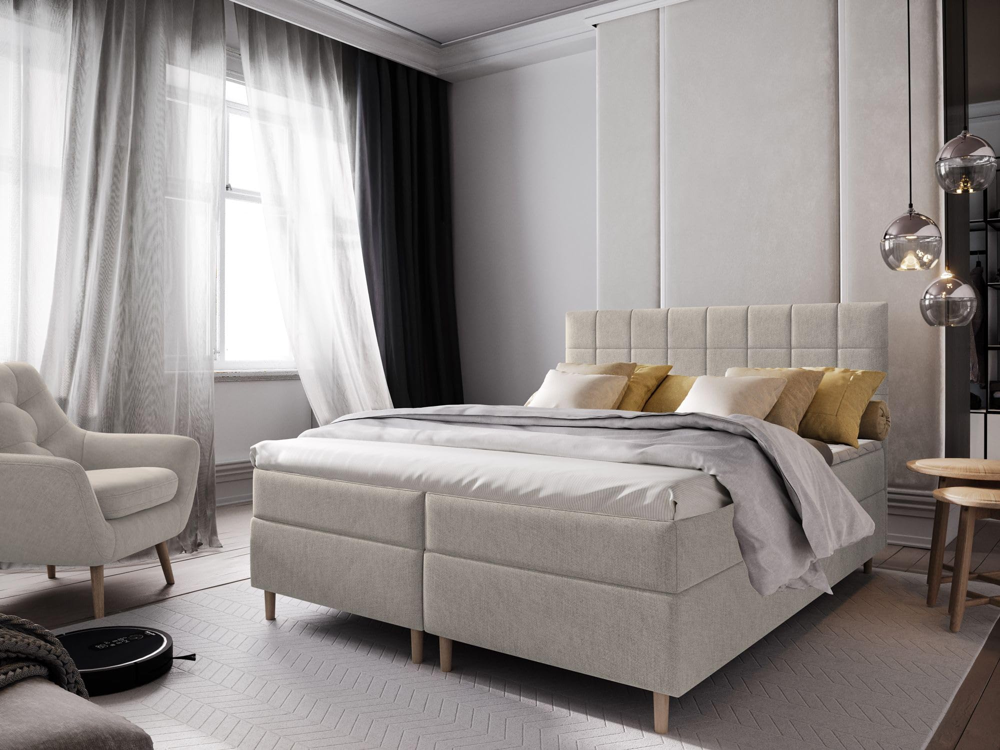Masseno Boxspringbett Ibiza 160x200 cm Komplett-Set mit Matratze und Topper, Polsterbett mit Zwei Bettkästen -Beige, INARI 22