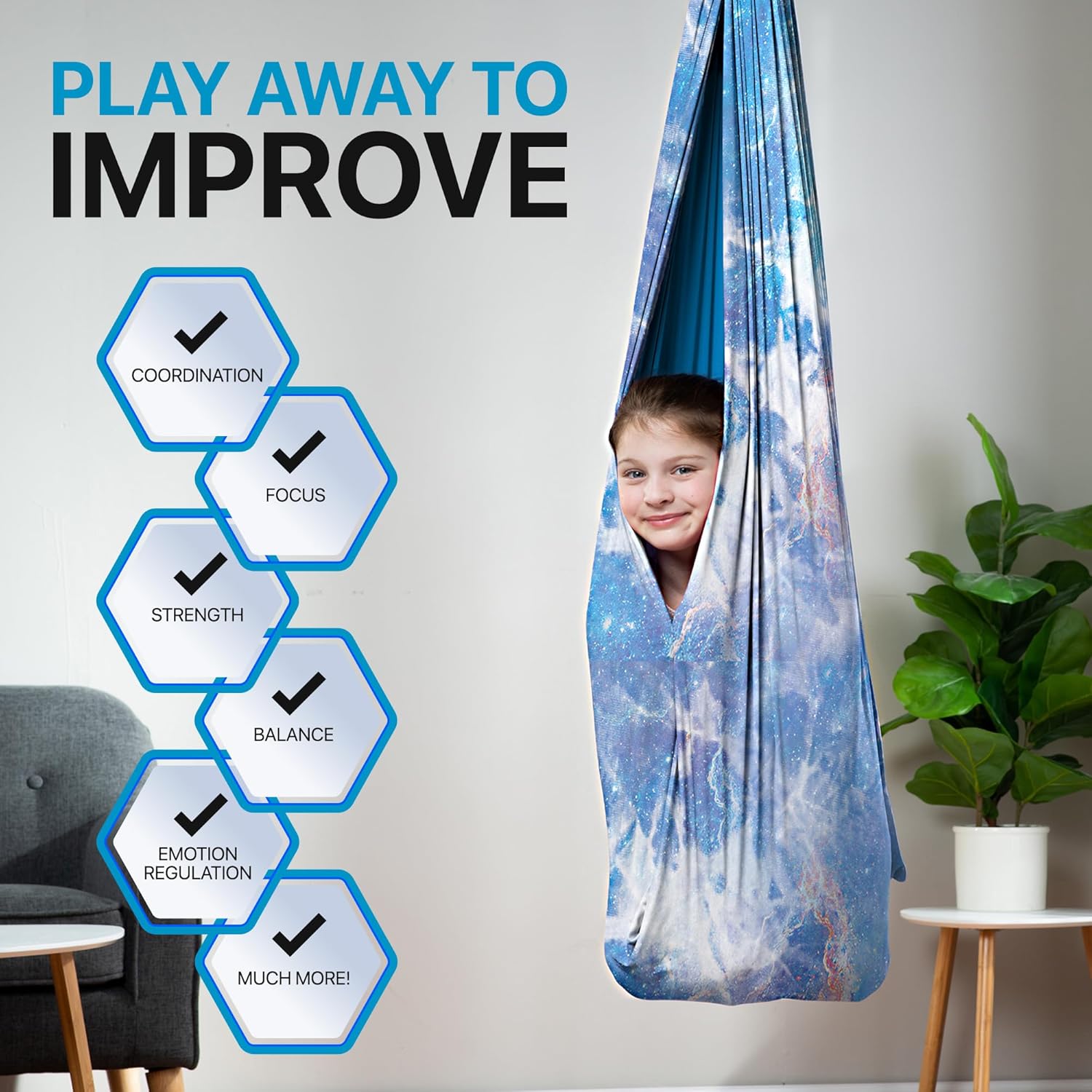 Indoor Sensory Swing for Kids or Outdoor – Holds 300lbs, Double-Layer, & 360° Swivel, Calming Compression Therapy Swing Hammock for Kids & Adults with All Hardware – Sensory-Motor Toys & Gifts