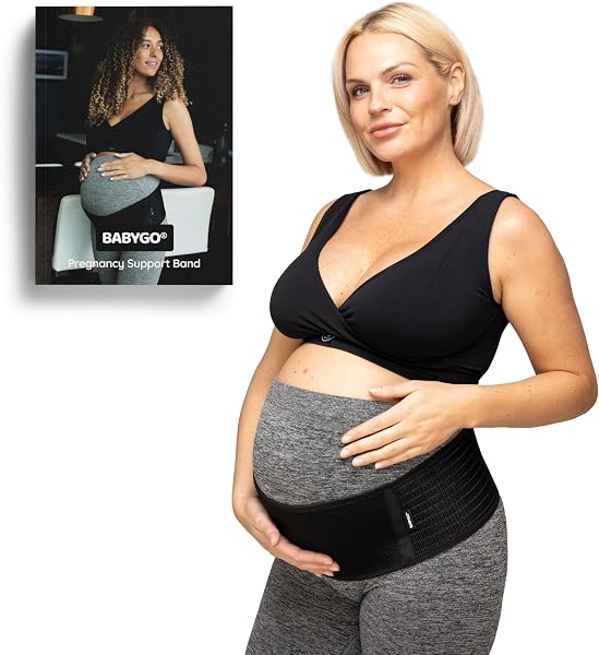 BABYGO® 2 in 1 Pregnancy Belly Band Support for Bump | Pelvic Maternity Belt for Pregnant Women | Helps with Back, Hip Pain | 50 Page Book with Exercises Included | Black One Size - 1