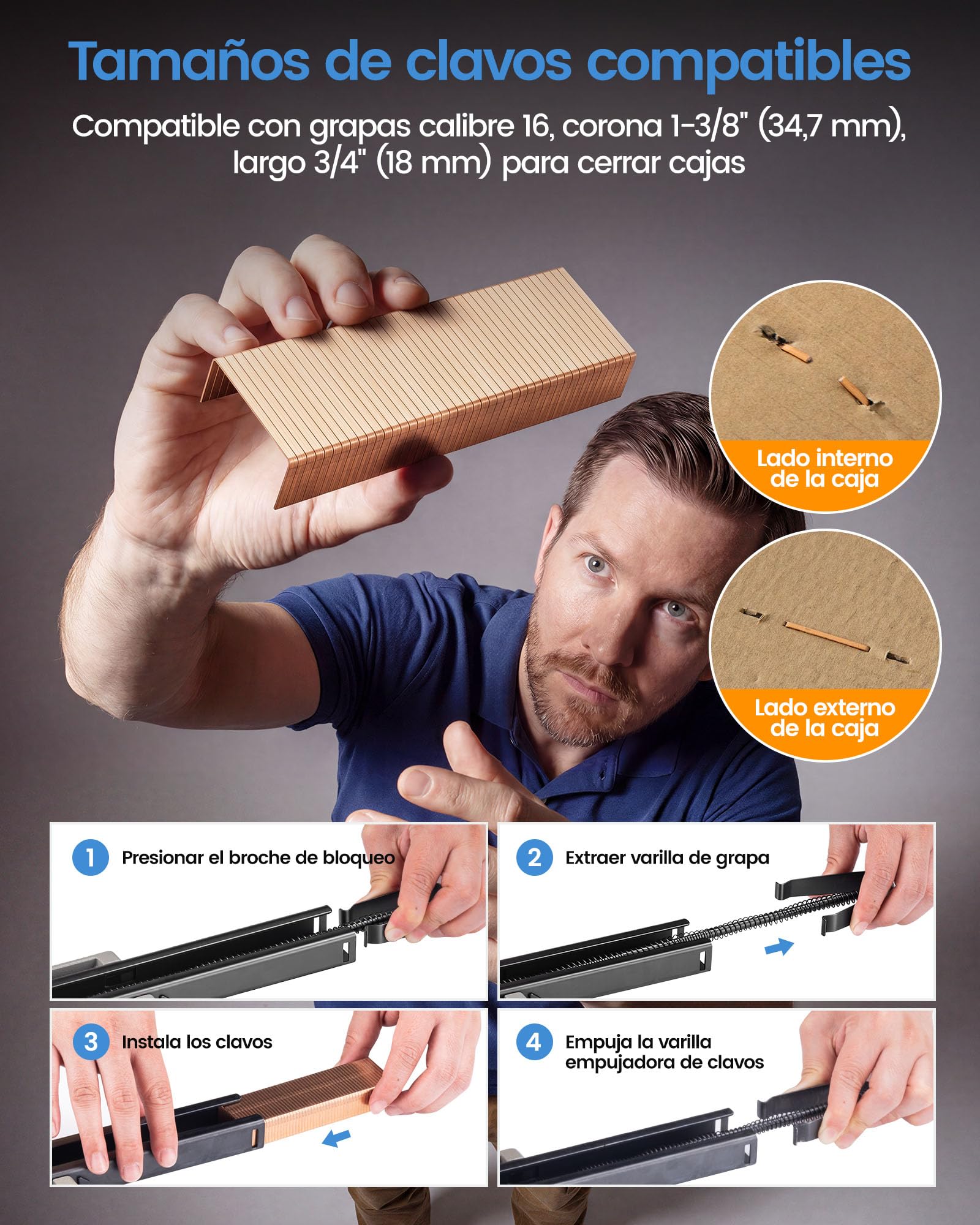 meite HB3518 Grapadora Manual para Cajas, Cerradora de Cartón Calibre 16, para Cartón Ondulado de 1–8 mm, Compatible con Grapas de Corona 34,7 mm y Pata 18 mm, Sin Aire