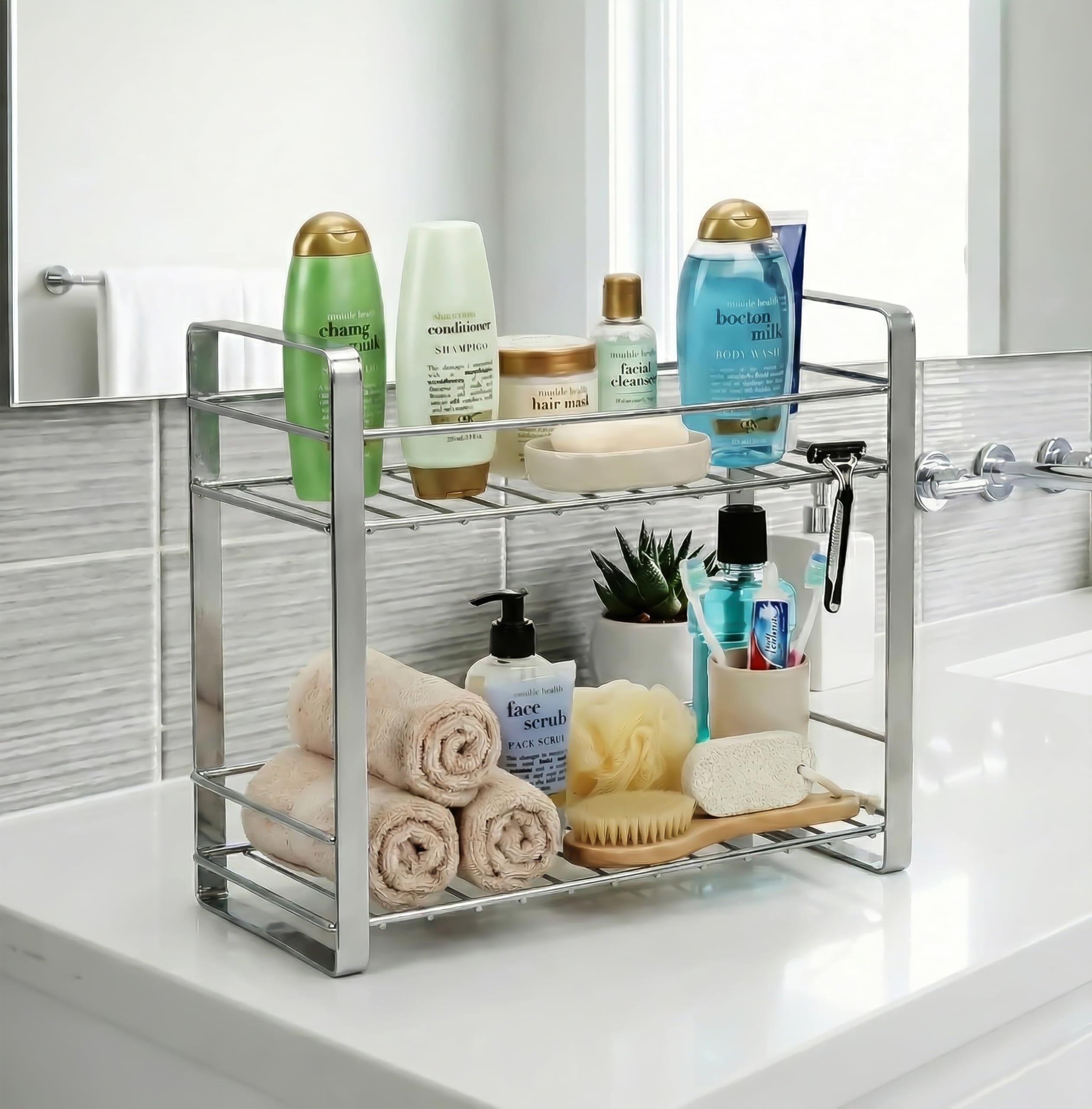 TechSrmaji Mensola da cucina a 2 ripiani in acciaio inox | Scaffale multifunzione per cucina e bagno | Scolapiatti antiruggine per spezie e bagno