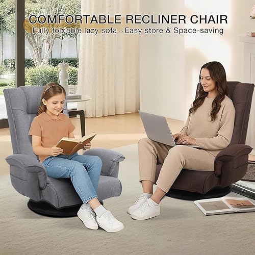 Miniatura 7 de Silla ergonómica de tela de lino, sofá cama reclinable de 6 posiciones con soporte lumbar, tumbona plegable con cojín grueso, reposabrazos y