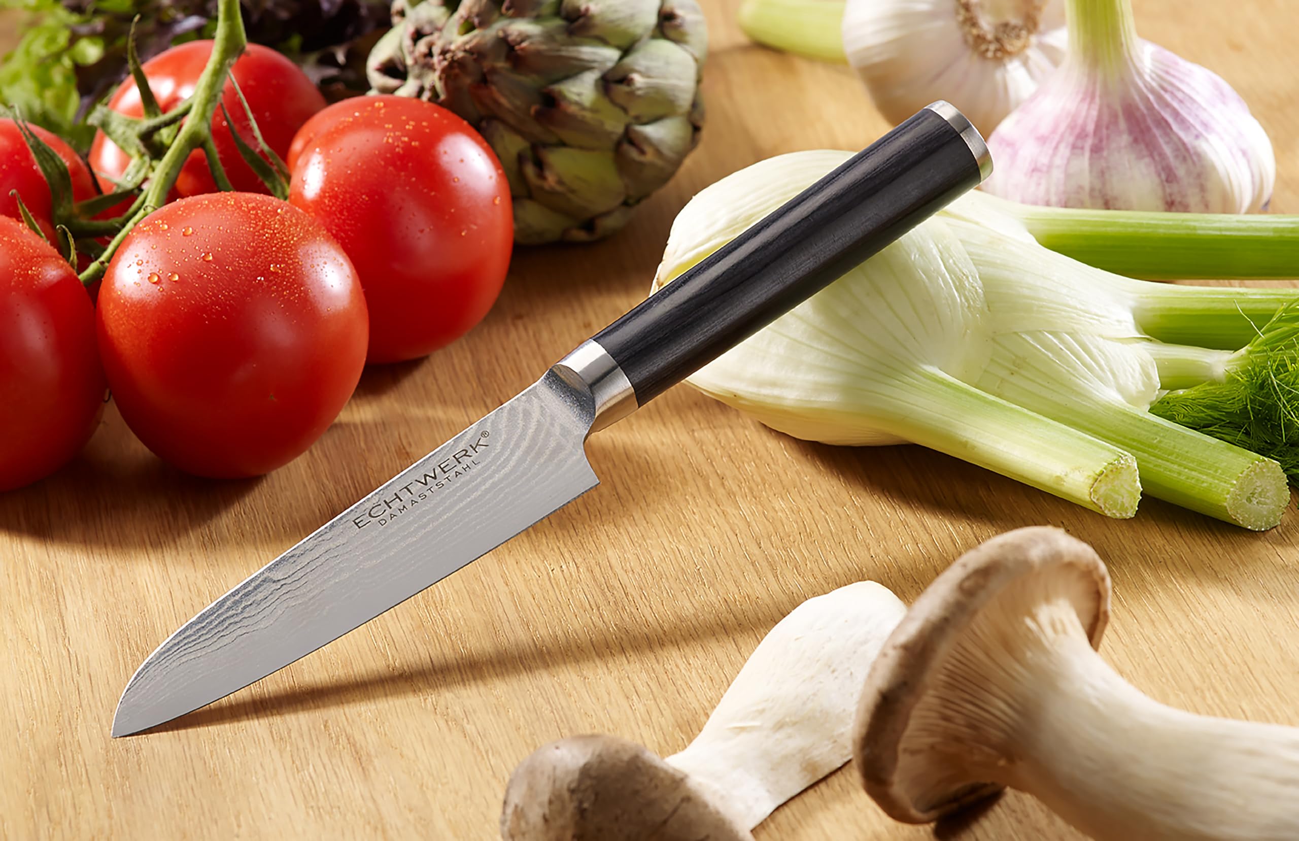 ECHTWERK Coltello Damasco, piccolo coltello santoku, coltello tradizionale giapponese, coltello da chef, coltello da cucina, lama affilata per tagli precisi di carne, pesce e verdure
