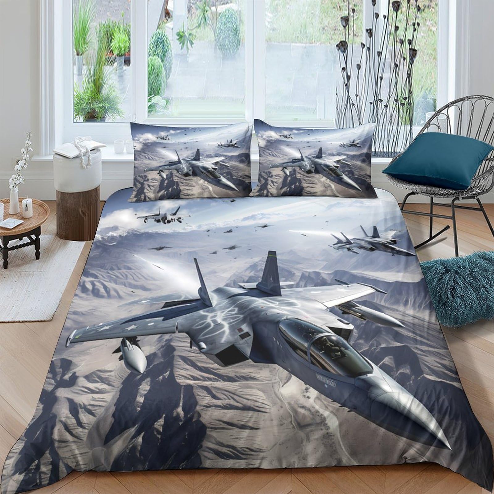 GPLZQXKJNH 3D Printed Fighter Jet Duvet Cover Microfiber Soft Breathable Sky Aircraft Bedding Set with 2 Pillowcases for Bedroom Decor Single（135x200cm）