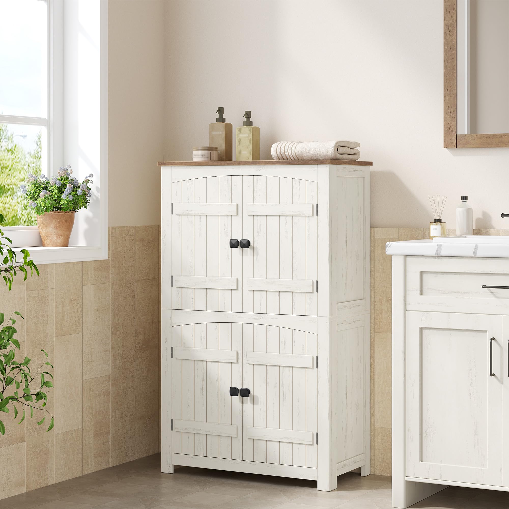 HEXCELEN Armoire de Rangement avec Portes de Grange, Style Ferme, Buffet Haut, avec 4 Portes, Meuble de Rangement, Étagères Réglables, Marron Rustique et Blanc, 30 x 60 x 110 cm
