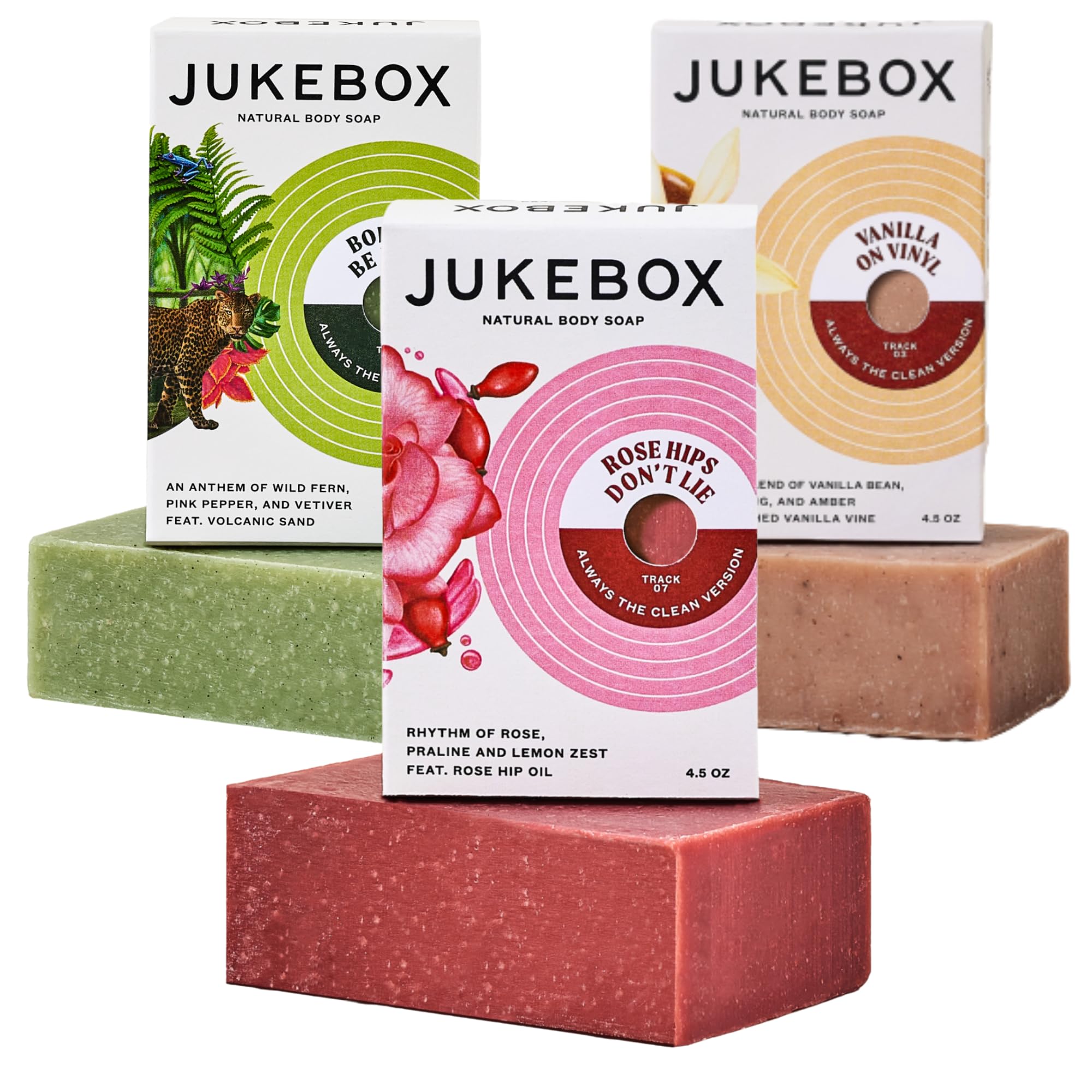 JUKEBOX Soap Natural Bar Soap for Women Vanilla on Vinyl Born To Be Wild Rose Hips Dont Lie