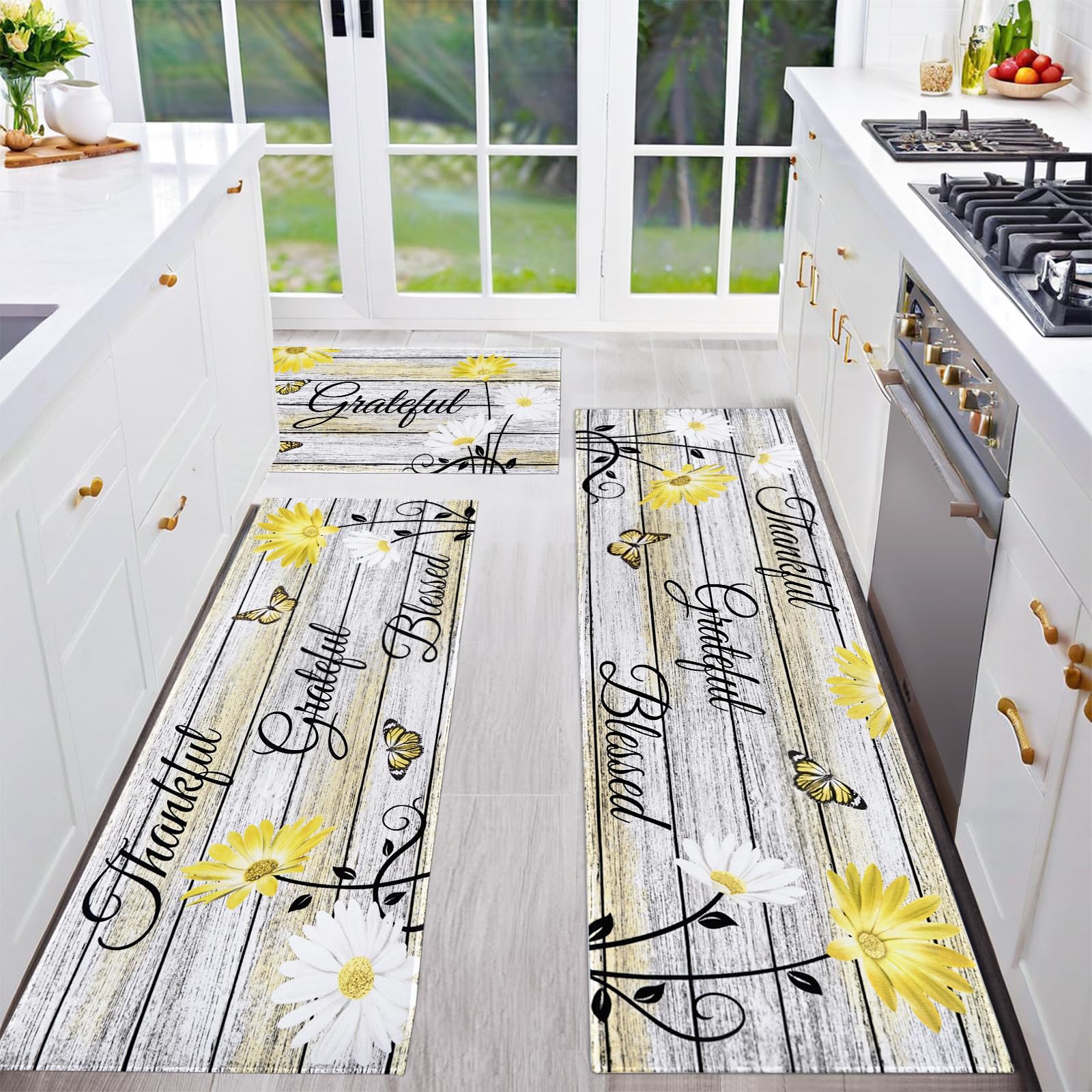 Farmhouse Kitchen Mats for Floor 3 Piece, Yellow Kitchen Rugs and Mats Non Skid Washable for Kitchen Sink Floor, Floral Yellow Kitchen Accessories and