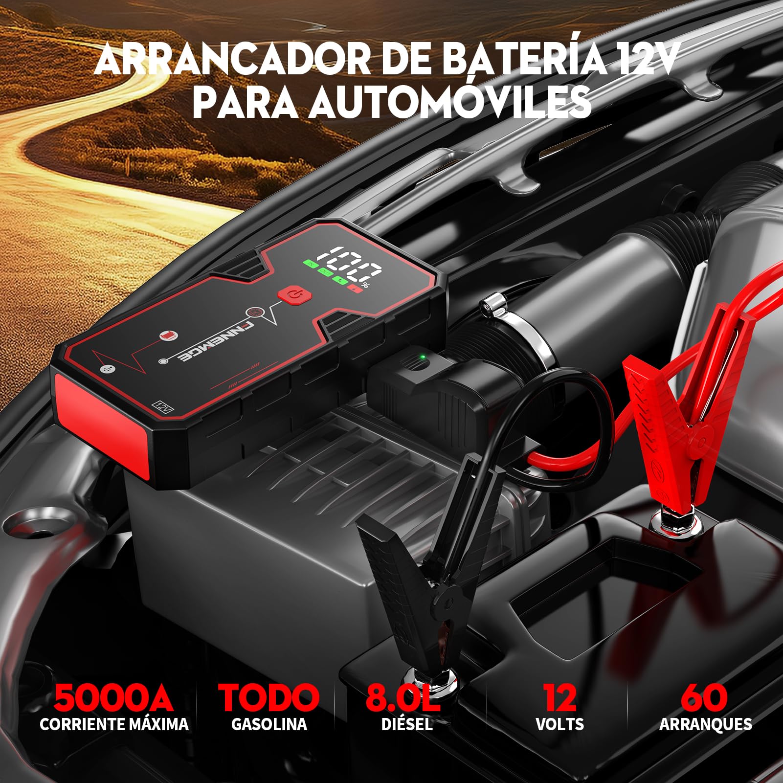 FNNEMGE Arrancador de Coches, 5000A 23800mAh Arrancador Batería Coche (para Todo vehículo de Gasolina o 8,0L de Diesel),Booster Bateria, con Puerto de Salida USB, Luz LED, Pantalla Grande HD.