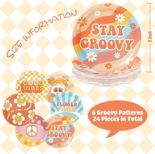 Miniatura 2 de Groovy - Platos de papel para fiesta de estilo bohemio, desechables, de 9 pulgadas, pastel de cumpleaños de los años 70, platos llanos de flores de