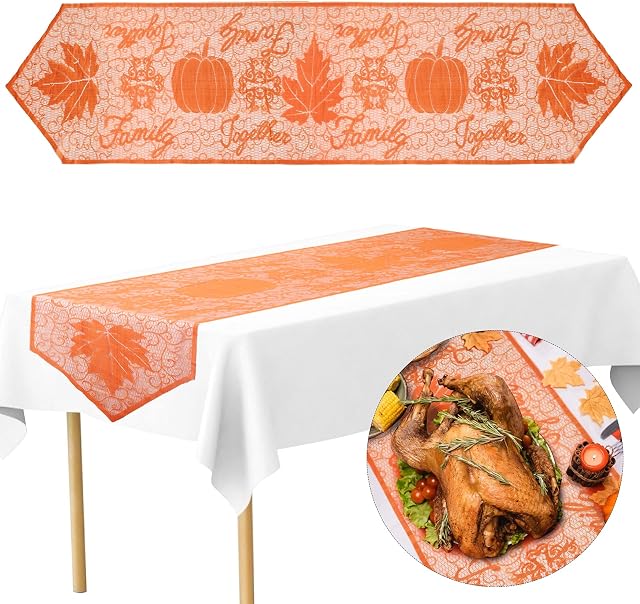 WEDNOK Autumn Table Runner Fall Pumpkin Maple Leaf Table Runner Thanksgiving Day Harvest Orange Lace Table Runner for Thanksgiving Party Decoration Home Festival Dinner