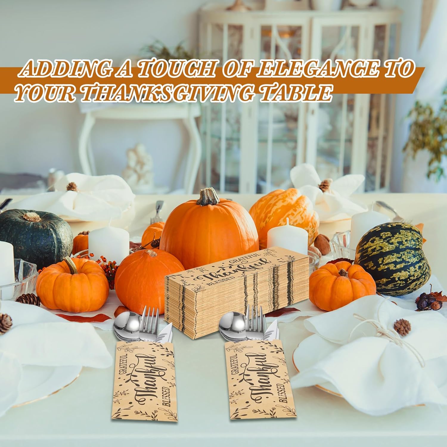 Sherr 200 Pcs Thanksgiving Silverware Bags Thankful Grateful Blessed Kraft Paper Silverware Bags Thanksgiving Cutlery Holders for Autumn Fall Harvest Party Favor Table Decoration, 2.8" x 7.5"