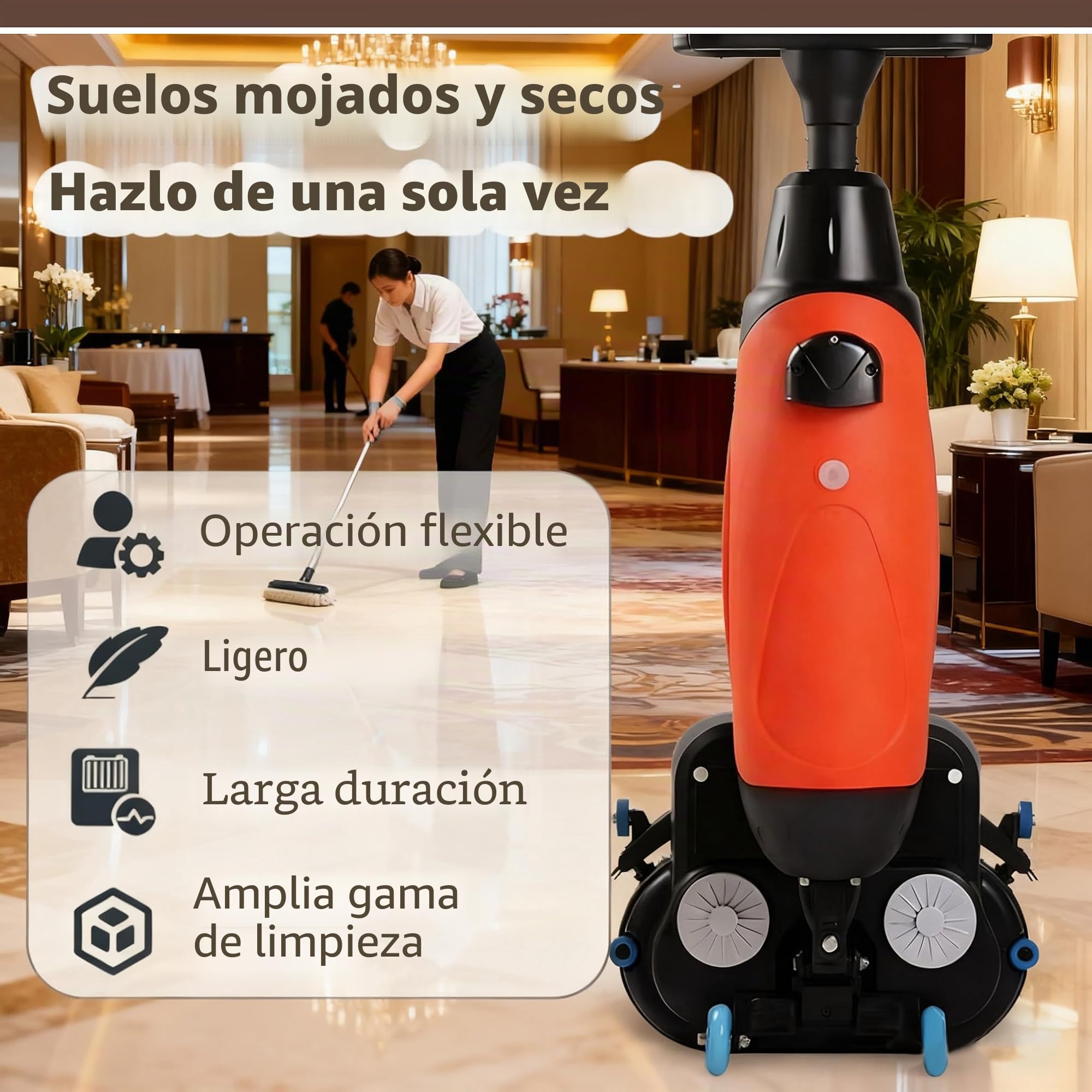 Cabezal Doble Eléctrica Fregona, Aspiradora Lavadora de Suelos Sin Cable, 2 Cepillos Rotativos 360°, Sistemas de Empuje, para Limpieza de Azulejos en Áreas Comerciales y Domésticas