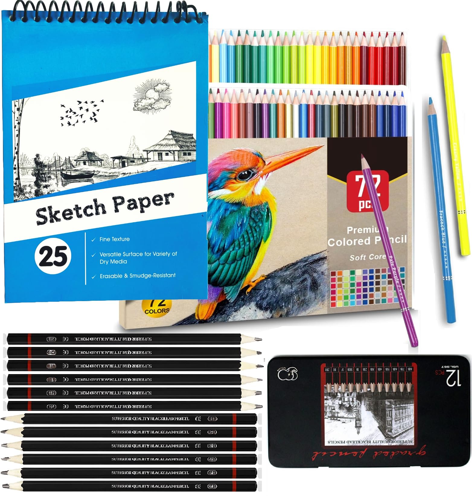 Corslet Set of 85 Art Supplies Drawing Kit 72 Colour Pencils Set 12 Pc Sketch Pencil Set Drawing Pencils & A5 Sketch Book 25 Sheets 50 Pages Pencil Colours for Sketching Shading Charcoal Pencil Adults