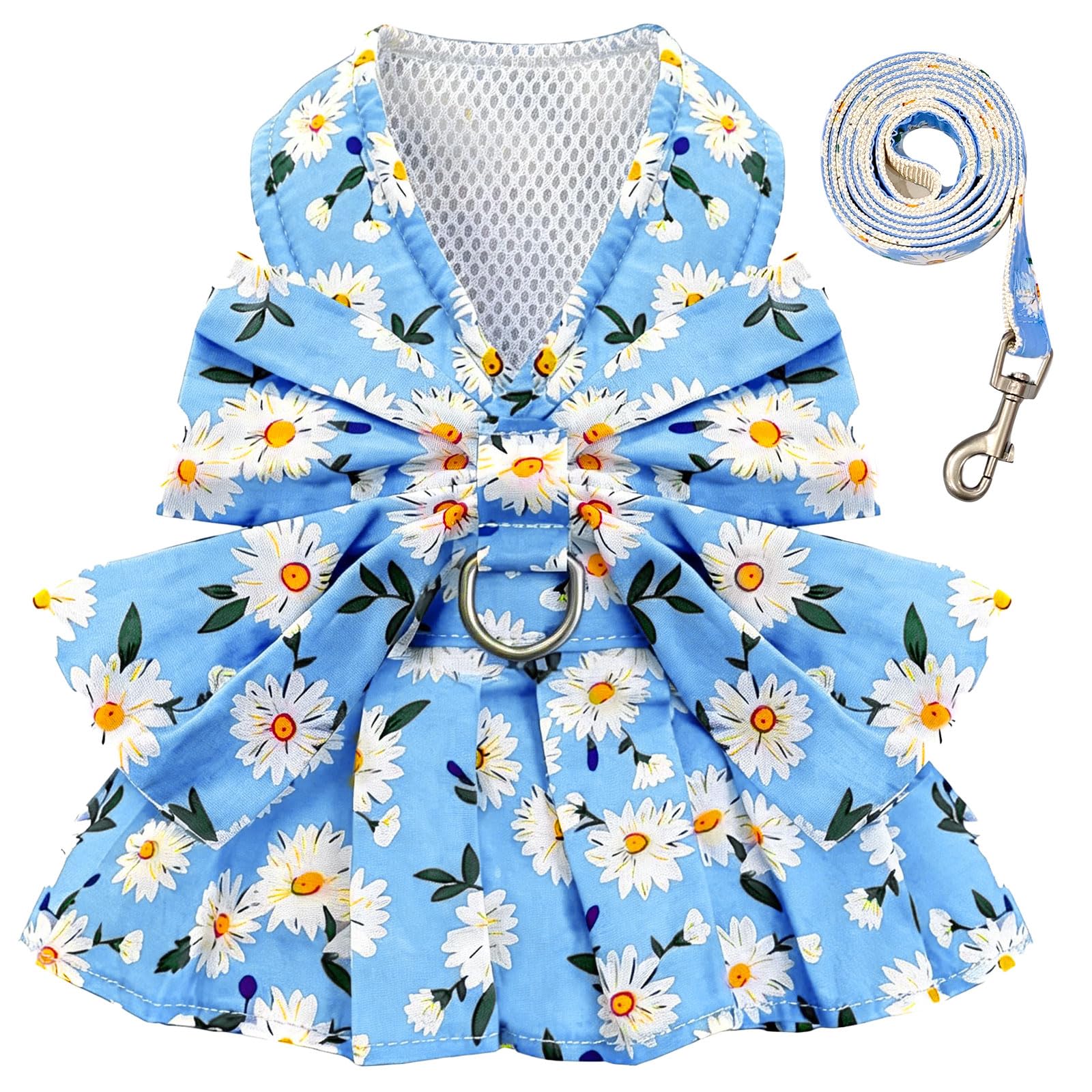 BAEJMJK Dog Dress Bowknot Harness Leash Set for Small Dogs Cats Daisy Floral Girl Dog Dresses Cute Puppy Princess Clothes Pet Doggy Outfits Spring