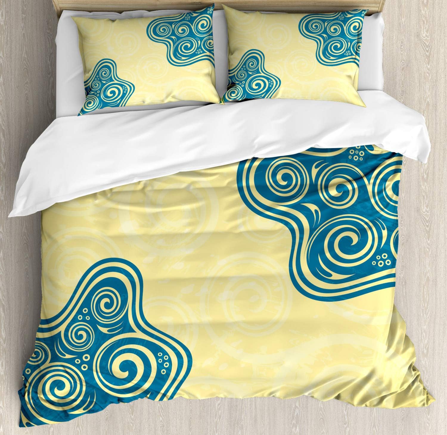 Ambesonne Kraken Duvet Cover Set, Old Sailing Ship in Waves and Kraken Adventure Journey Travel Graphic Image Print, Decorative 3 Piece Bedding Set with 2 Pillow Shams, Queen Size, Blue Brown