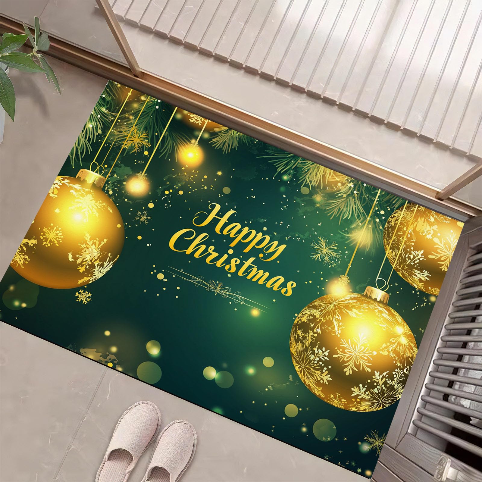 Tapis de bienvenue de Noël vert et or pour sublimer votre entrée