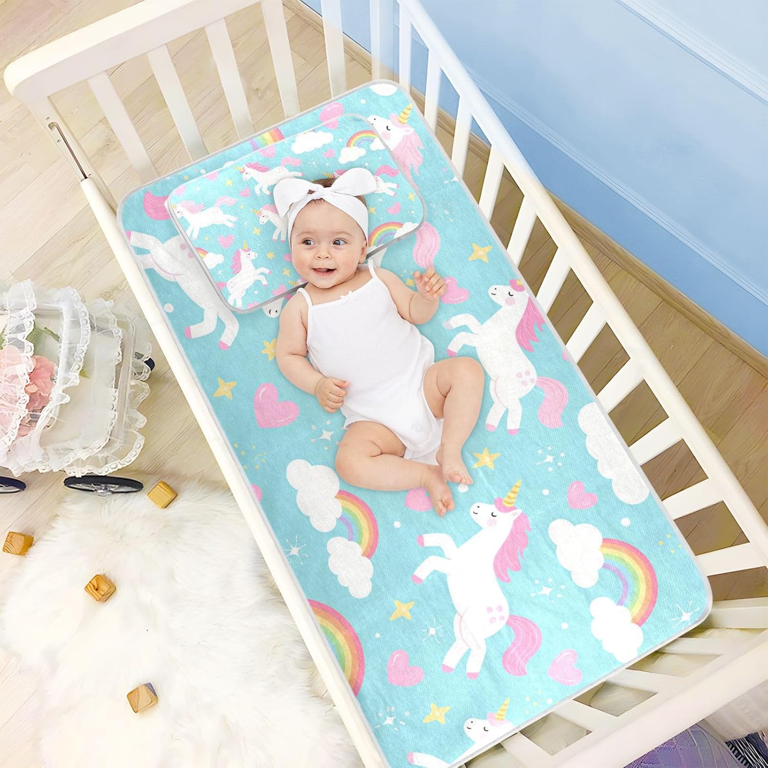 Cute Cartoon Unicorns Blue Cooling Baby Mattress pad Protector 28" x 52" washablraining Pads for Baby&Toddler