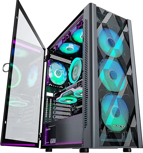 MUSETEX ATX PC Case Pre-Install 6 PWM ARGB Fans, Polygonal