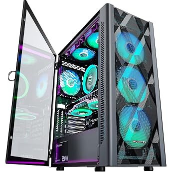 MUSETEX ATX PC Case Pre-Install 6 PWM ARGB Fan, Polygonal Mesh Computer Gaming Case, Opening Tempered Glass Side Panel Mid-To