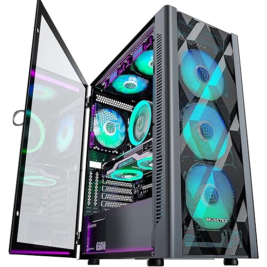 MUSETEX ATX PC Case Pre-Install 6 PWM ARGB Fans, Polygonal Mesh Computer Gaming Case, Opening Tempered Glass Side Panel Mid-Tower Case, USB 3.0 x 2, Black, NN8