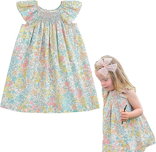 Simplee kids Vestido casual para niñas pequeñas, vestido fruncido con estampado floral para primavera y verano de 1 a 6 años
