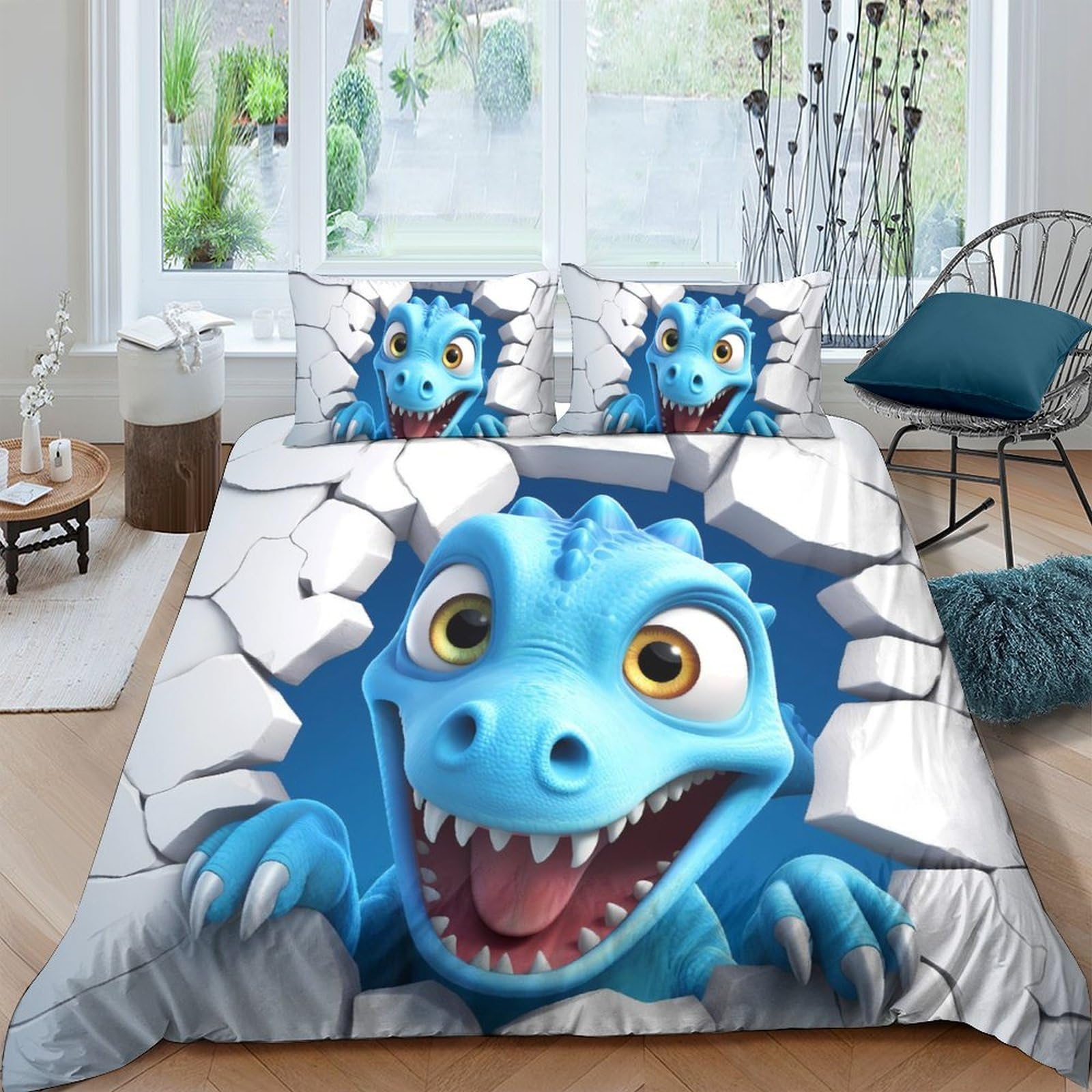 Ctjqhvkz Style-7 3D Printed Blue Cartoon Dinosaur Fitted Sheet Microfiber Soft Breathable Cracked Wall Bed Cover For Bedroom Decor Single（135X200cm）