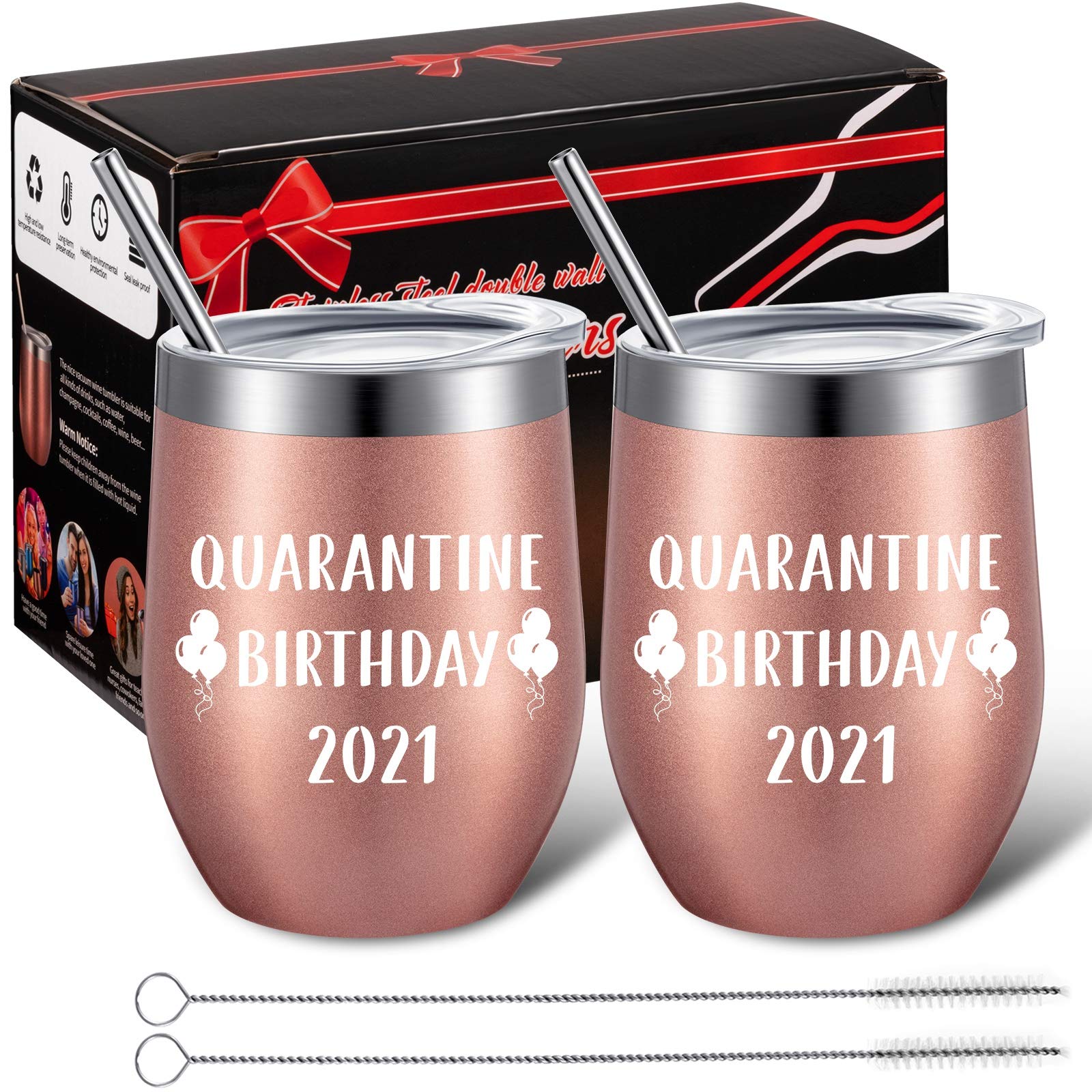 2 Pieces Quarantine Birthday 2021 Novelty Tumbler Mug, Graduation Gifts for College and High School Graduates College Grad Masters Degree, 12 Oz Mug Tumbler with Straw Brush and Lid (Rose Gold)