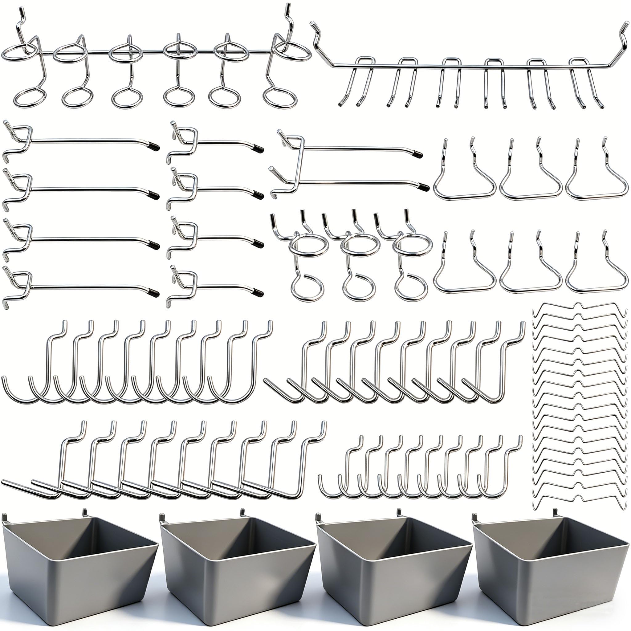 Frimoony Silver Pegboard Hooks Assortment With Pegboard Bins, Peg Locks, For Organizing Various Tools, 80 Piece