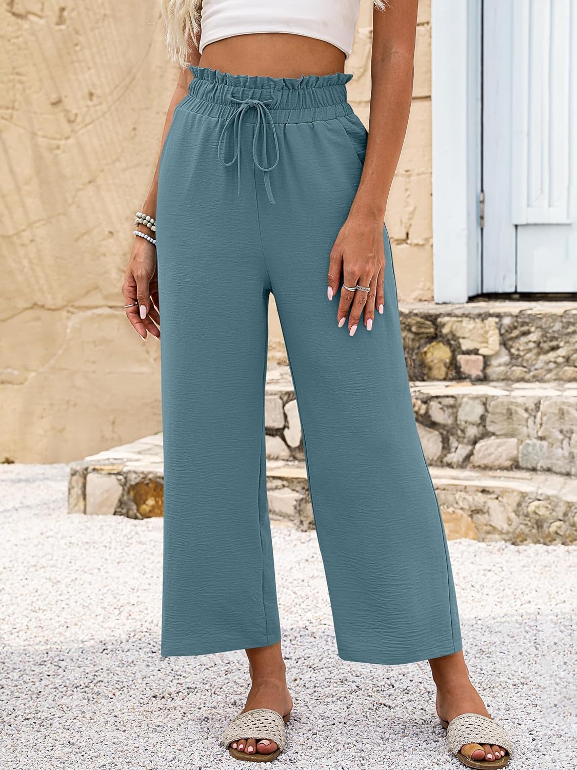 ANRABESS Palazzo Pants for Women Summer Casual Flowy High Waist Wide Leg Capri Pants 2026 Loose Lounge Cropped Beach Trousers - Image 3