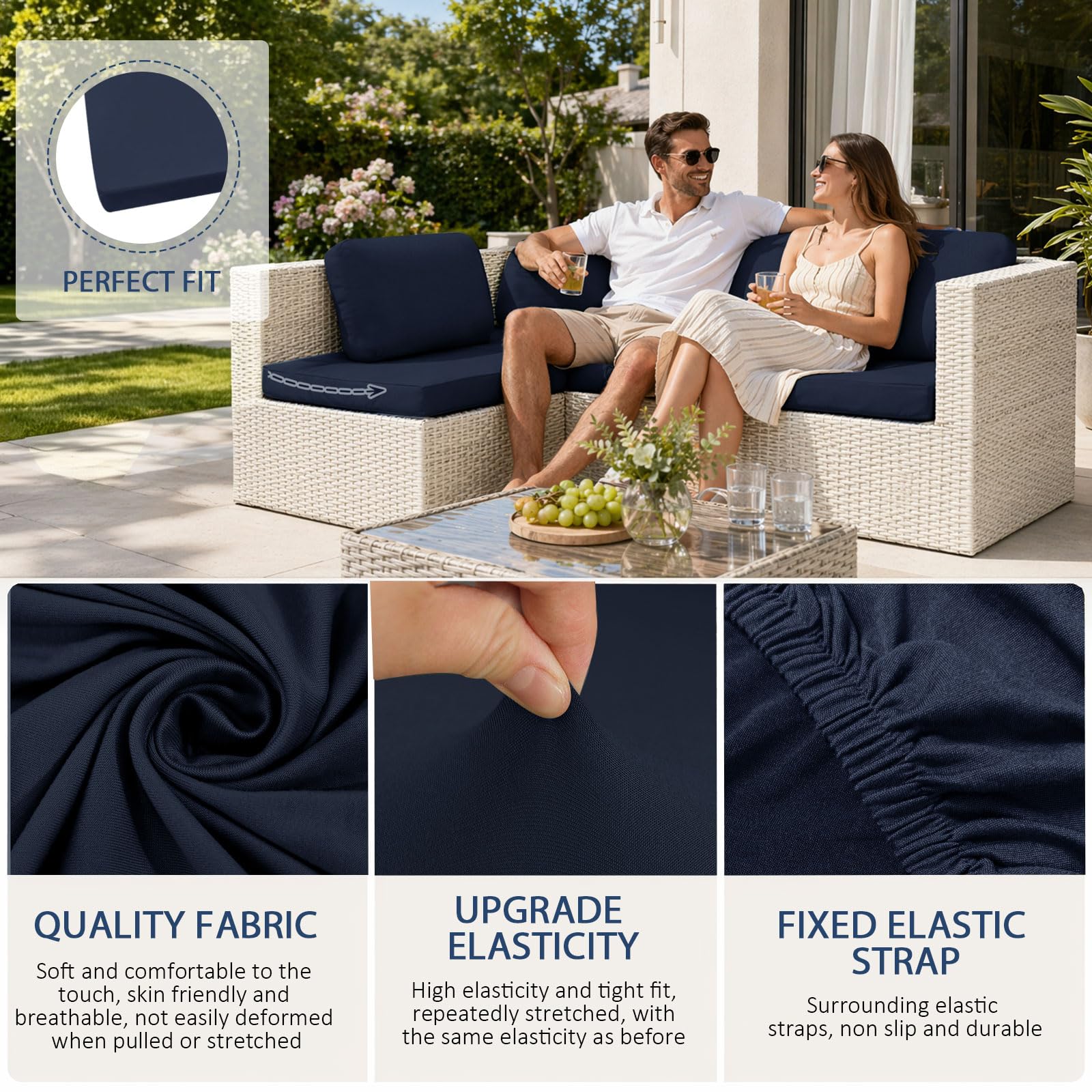 MeYuxg Set di 8 federe per cuscini da patio, per esterni, elasticizzate, rimovibili, per divano a forma di L, sedie da terrazza, mobili da giardino (blu scuro)