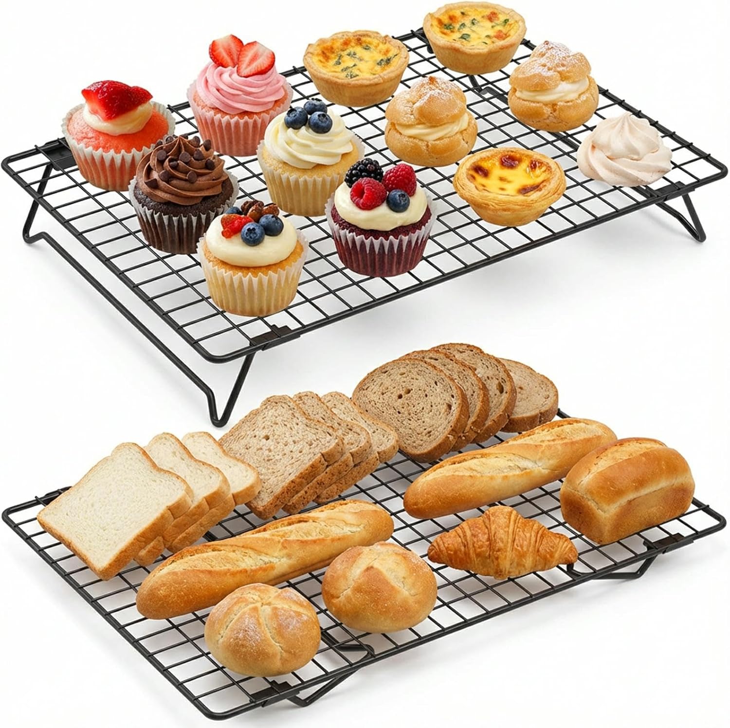 16.85" × 11" Stackable Cupcakes Cooling Racks – 2-Pack Nonstick Carbon Steel Baking Racks with Collapsible Legs, Perfect for Cooking, Roasting, Grilling, Drying & Cooling Cookies